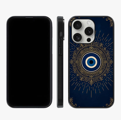 Golden Evil Eye Mandala Glass Case displayed upright for full design visibility and premium finish.