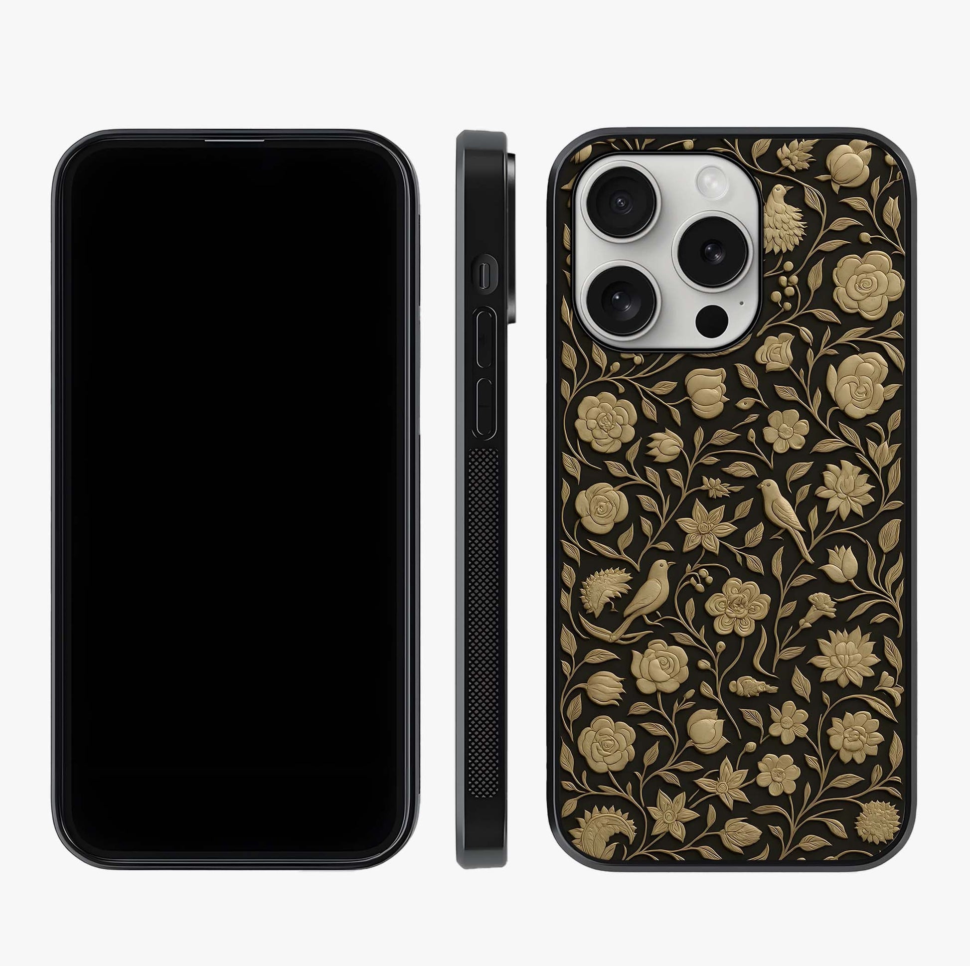 Golden Floral Majesty Glass Case displayed upright for full design visibility and premium finish.
