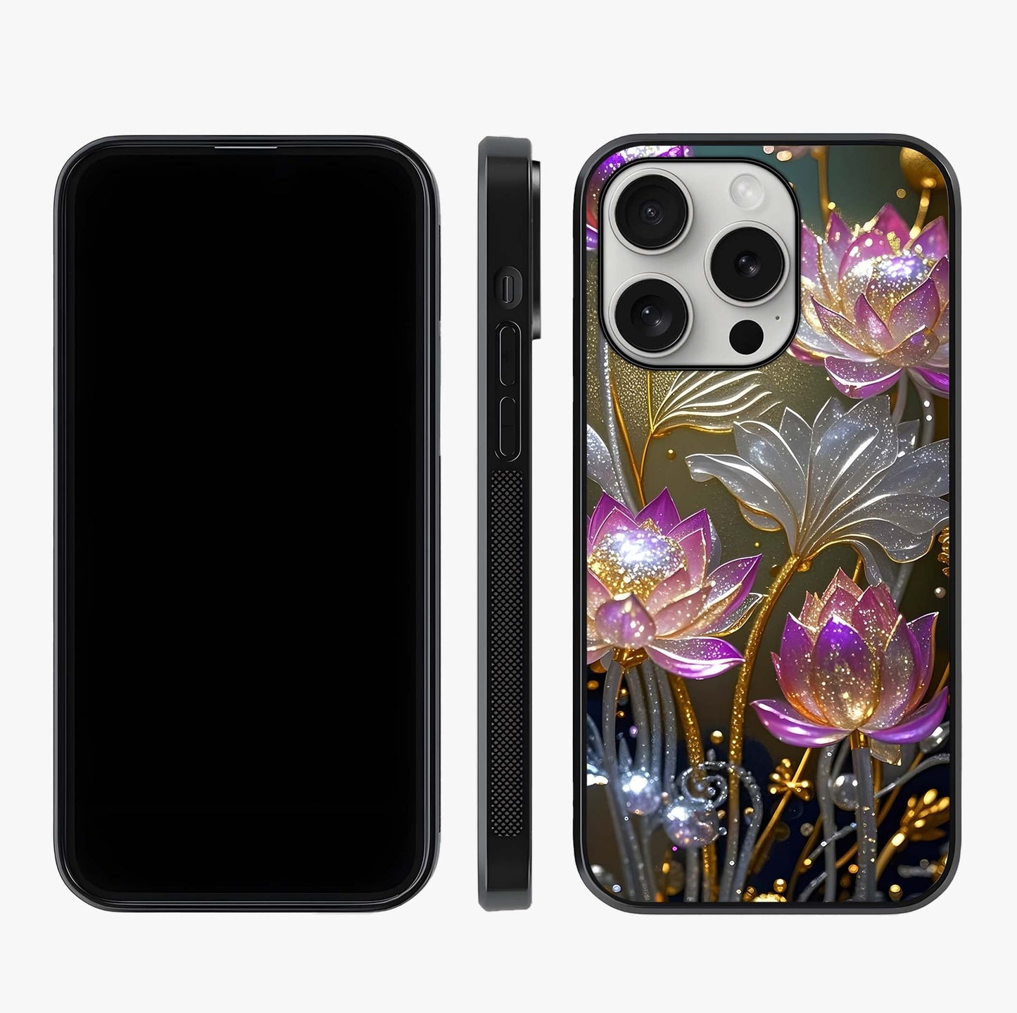 Golden Lotus Glow Glass Case displayed upright for full design visibility and premium finish.