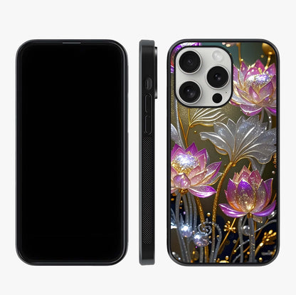 Golden Lotus Glow Glass Case displayed upright for full design visibility and premium finish.