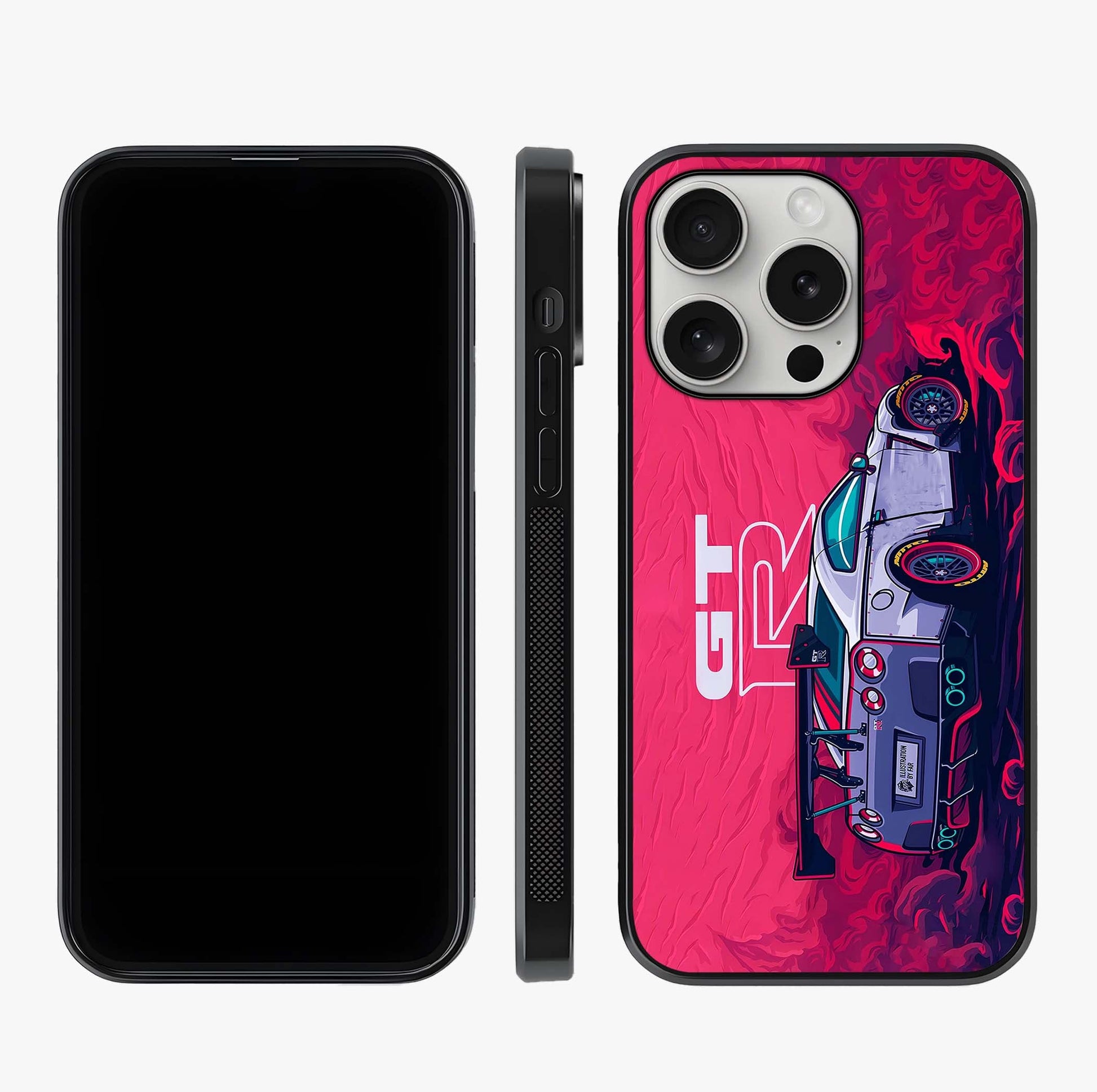 GT R Car Pattern Glass Case displayed upright for full design visibility and premium finish.
