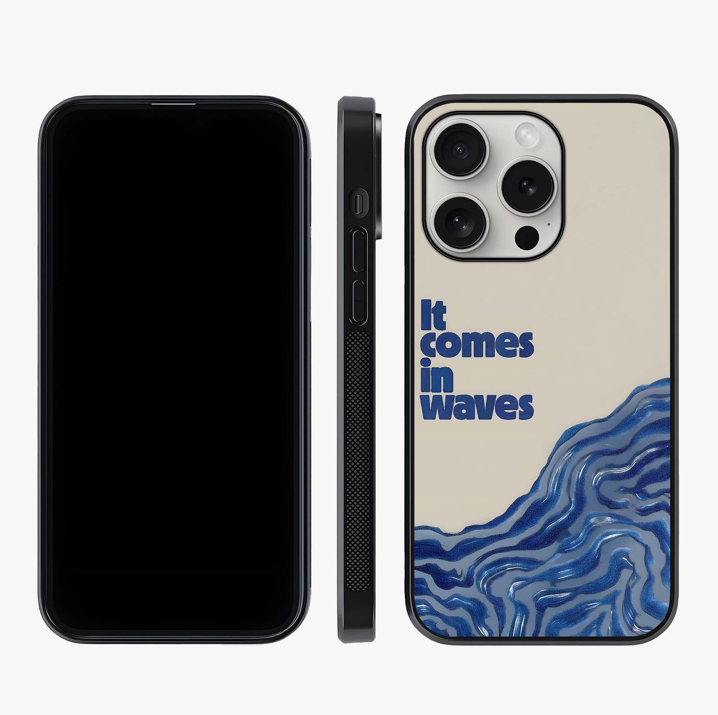 It Comes In Waves Quote Glass Case displayed upright for full design visibility and premium finish.