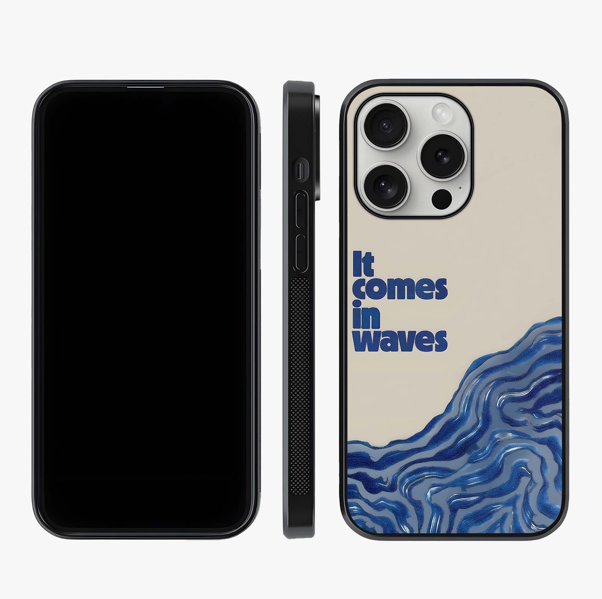 It Comes In Waves Quote Glass Case displayed upright for full design visibility and premium finish.