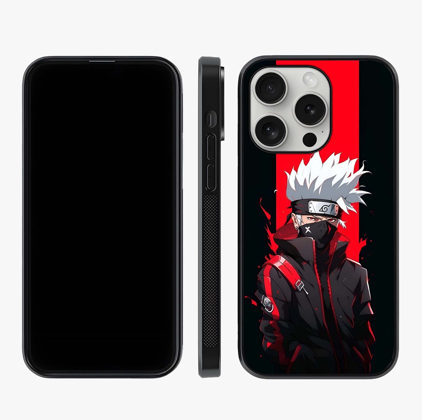 Kakashi Scarlet Shadow Glass Case displayed upright for full design visibility and premium finish.