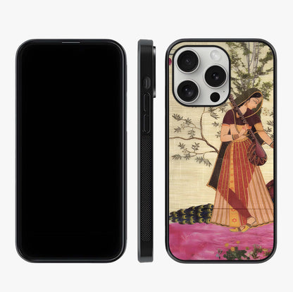 Lady With Veena Art Glass Case displayed upright for full design visibility and premium finish.