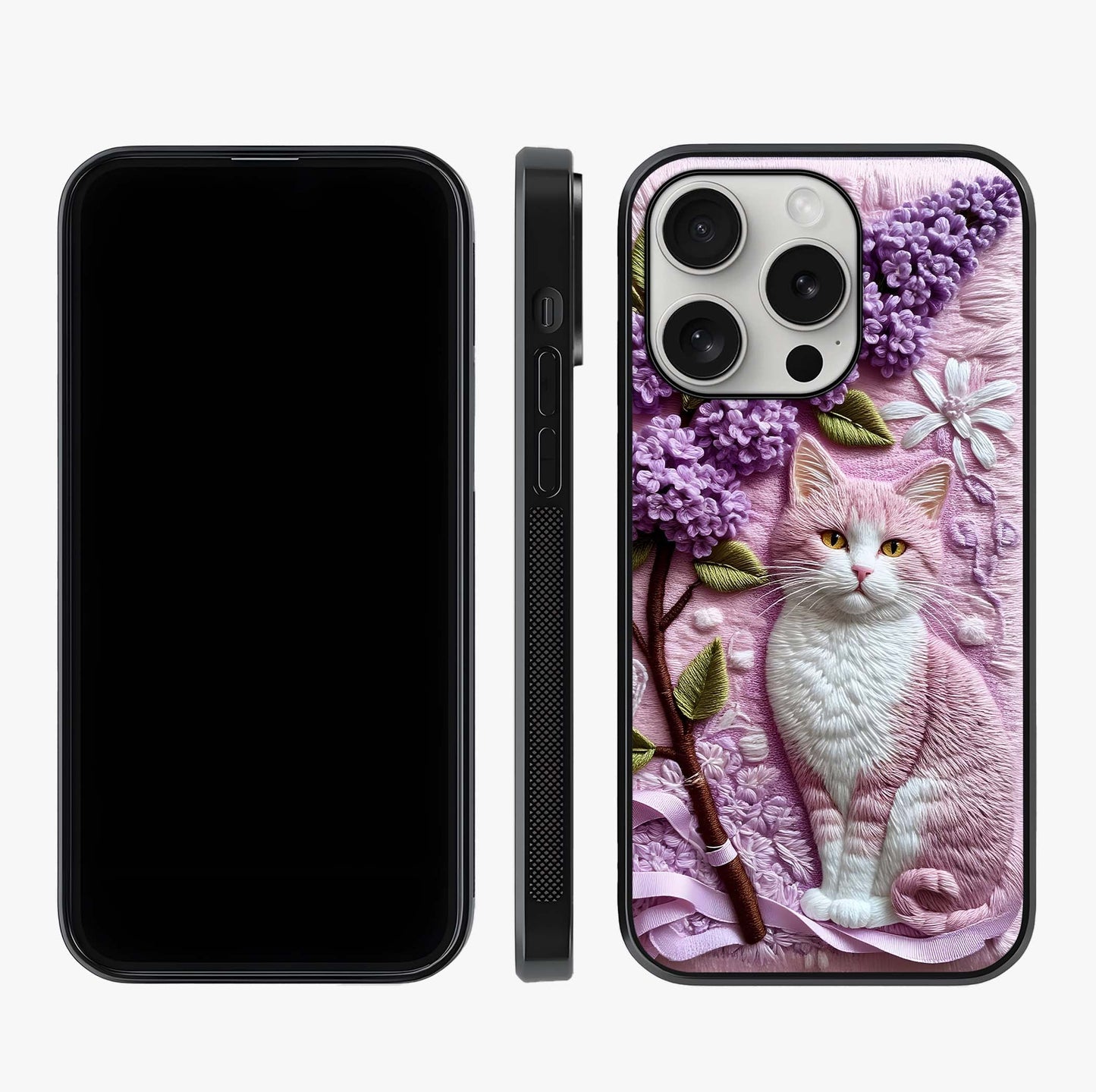 Lavender Cat Whimsy Glass Case displayed upright for full design visibility and premium finish.