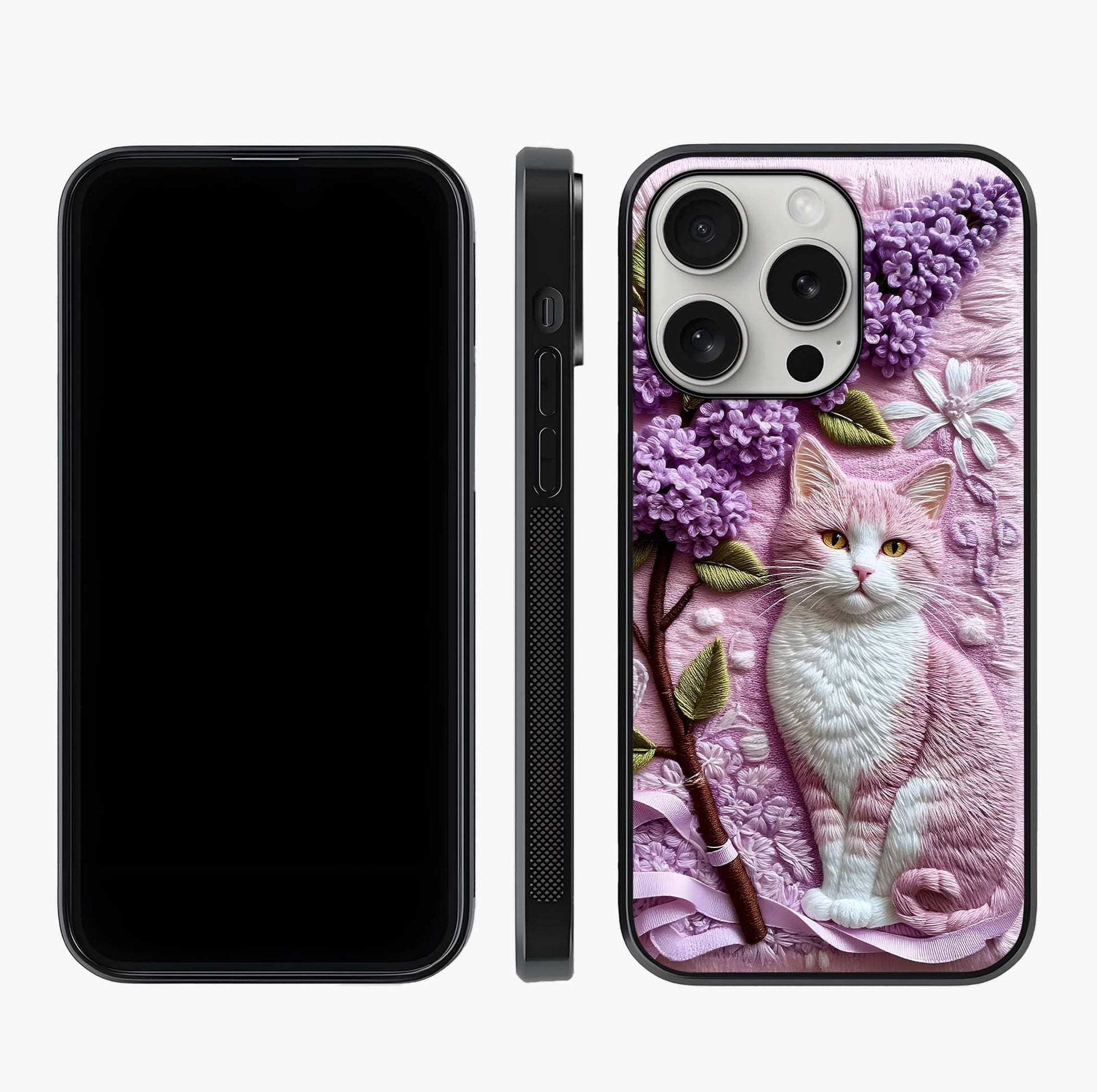 Lavender Cat Whimsy Glass Case displayed upright for full design visibility and premium finish.