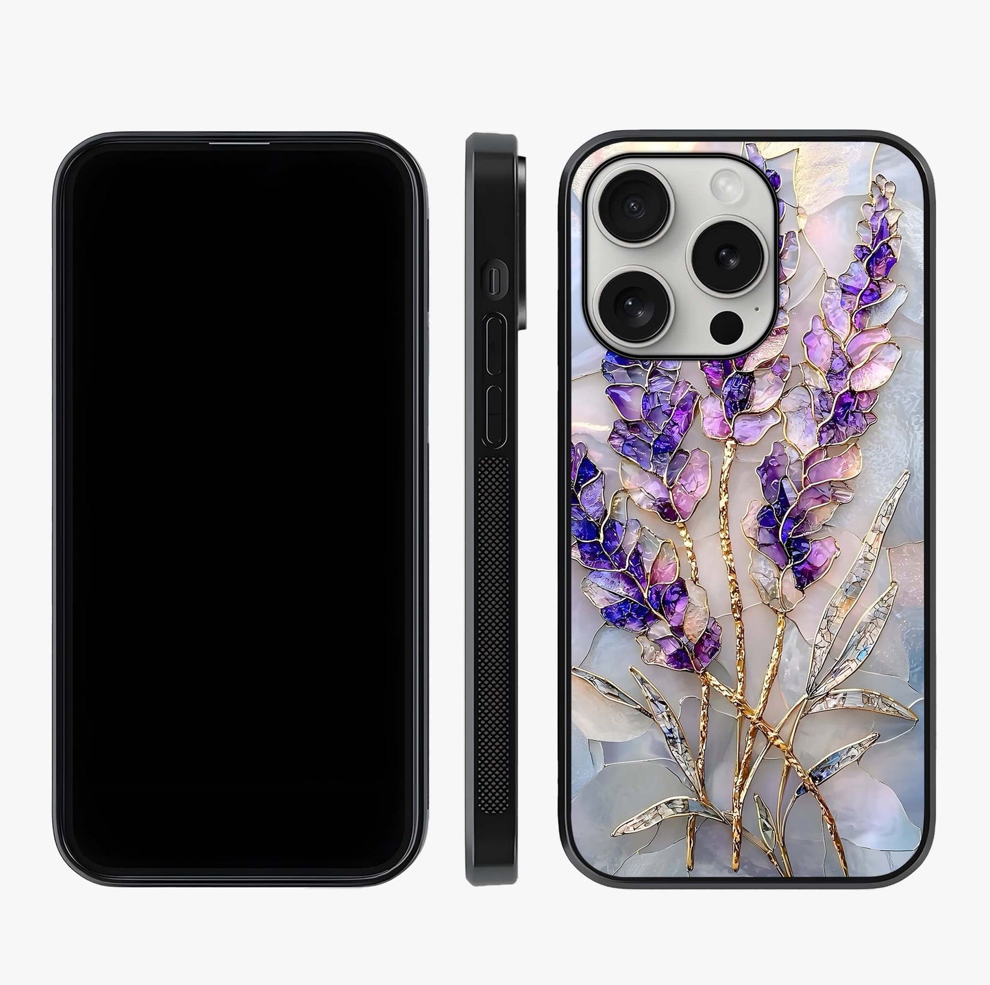 Lavender Dream Glow Glass Case displayed upright for full design visibility and premium finish.