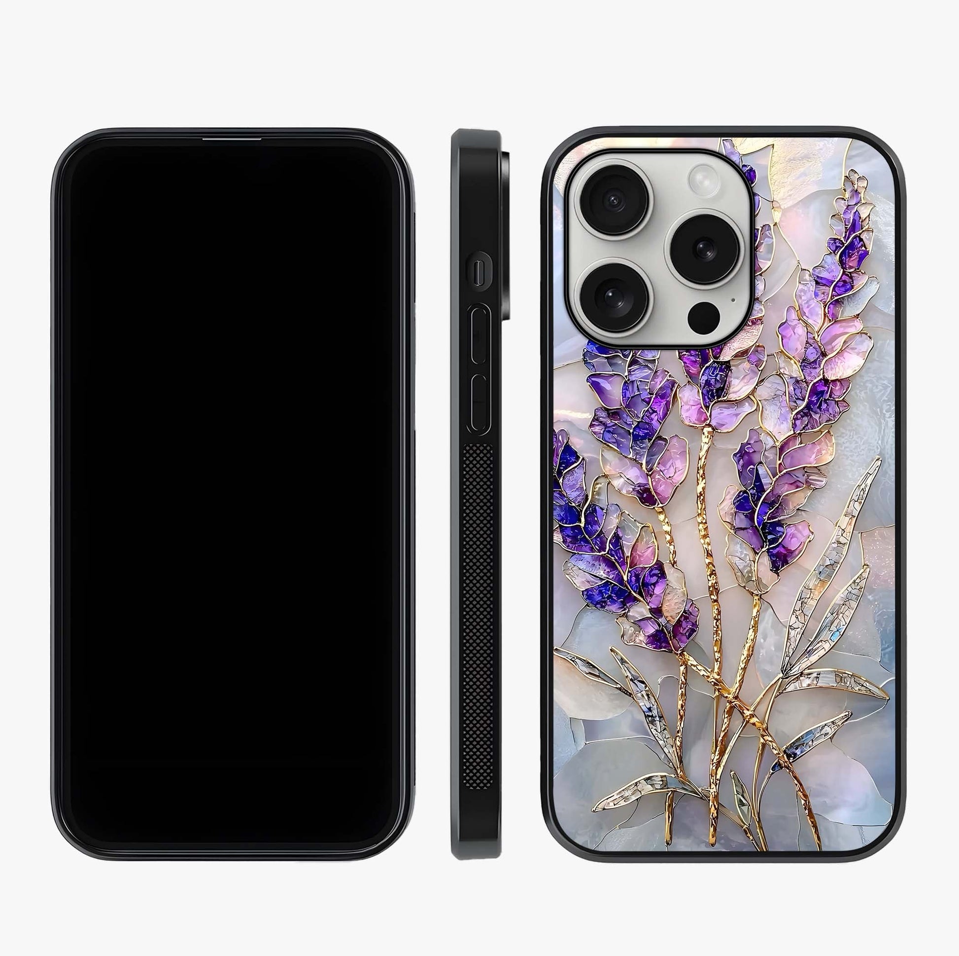 Lavender Dream Glow Glass Case displayed upright for full design visibility and premium finish.