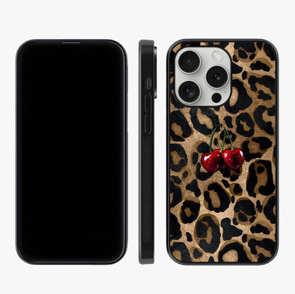 Leopard Wild Cherry Glass Case displayed upright for full design visibility and premium finish.