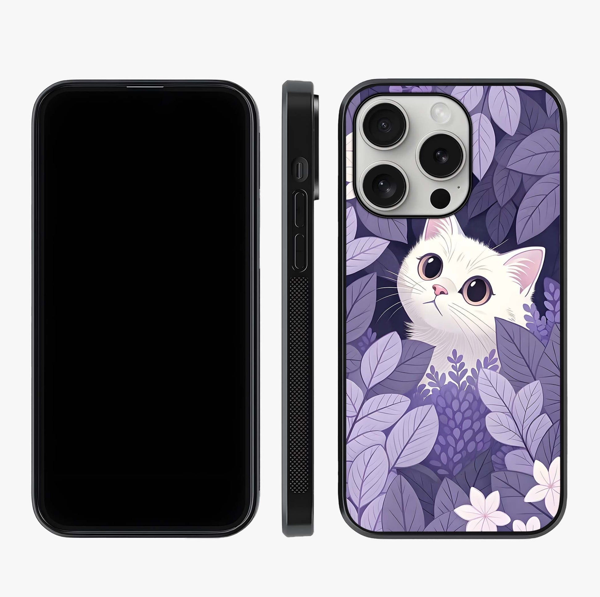 Lilac Hide Peek Cat Glass Case displayed upright for full design visibility and premium finish.
