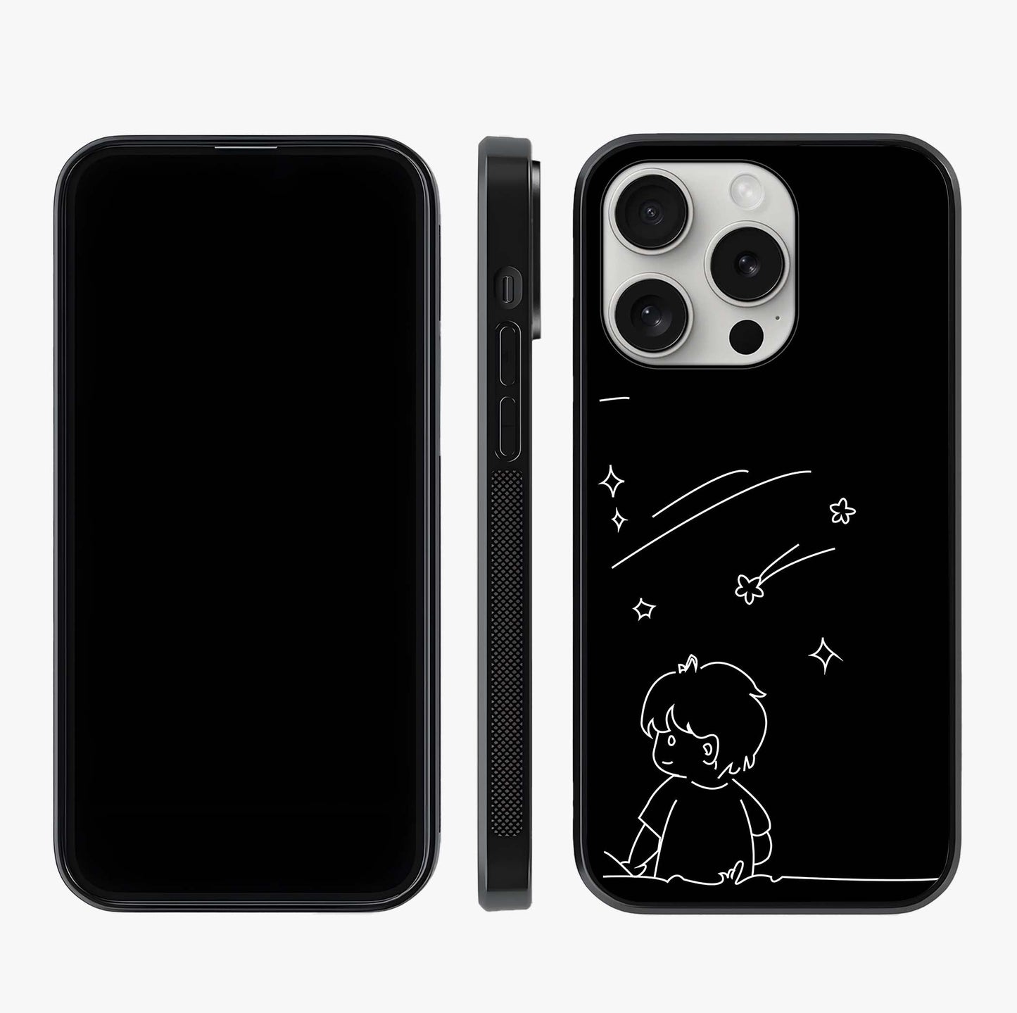 Line Art Boy With Shooting Stars Glass Case displayed upright for full design visibility and premium finish.