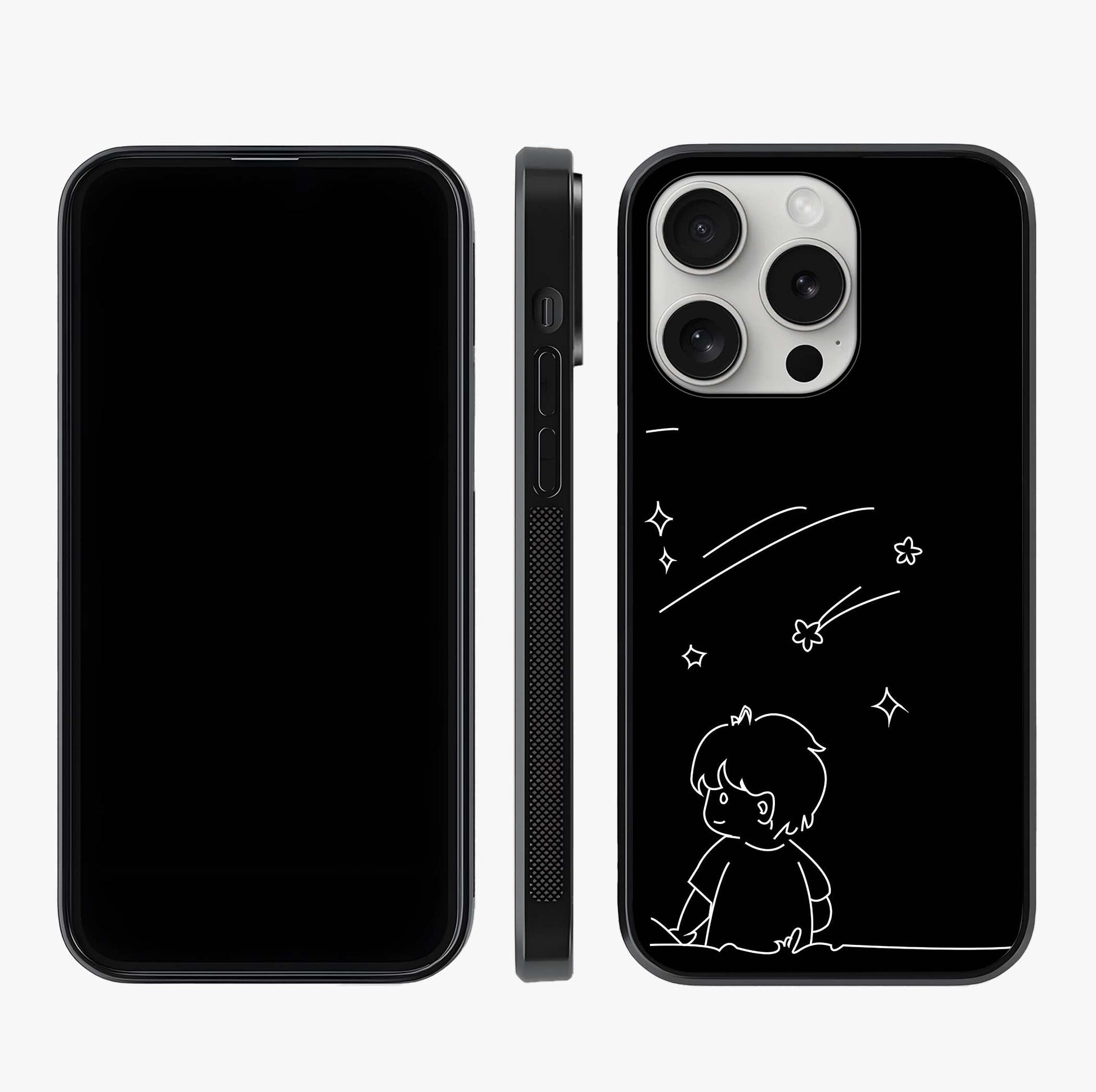 Line Art Boy With Shooting Stars Glass Case displayed upright for full design visibility and premium finish.