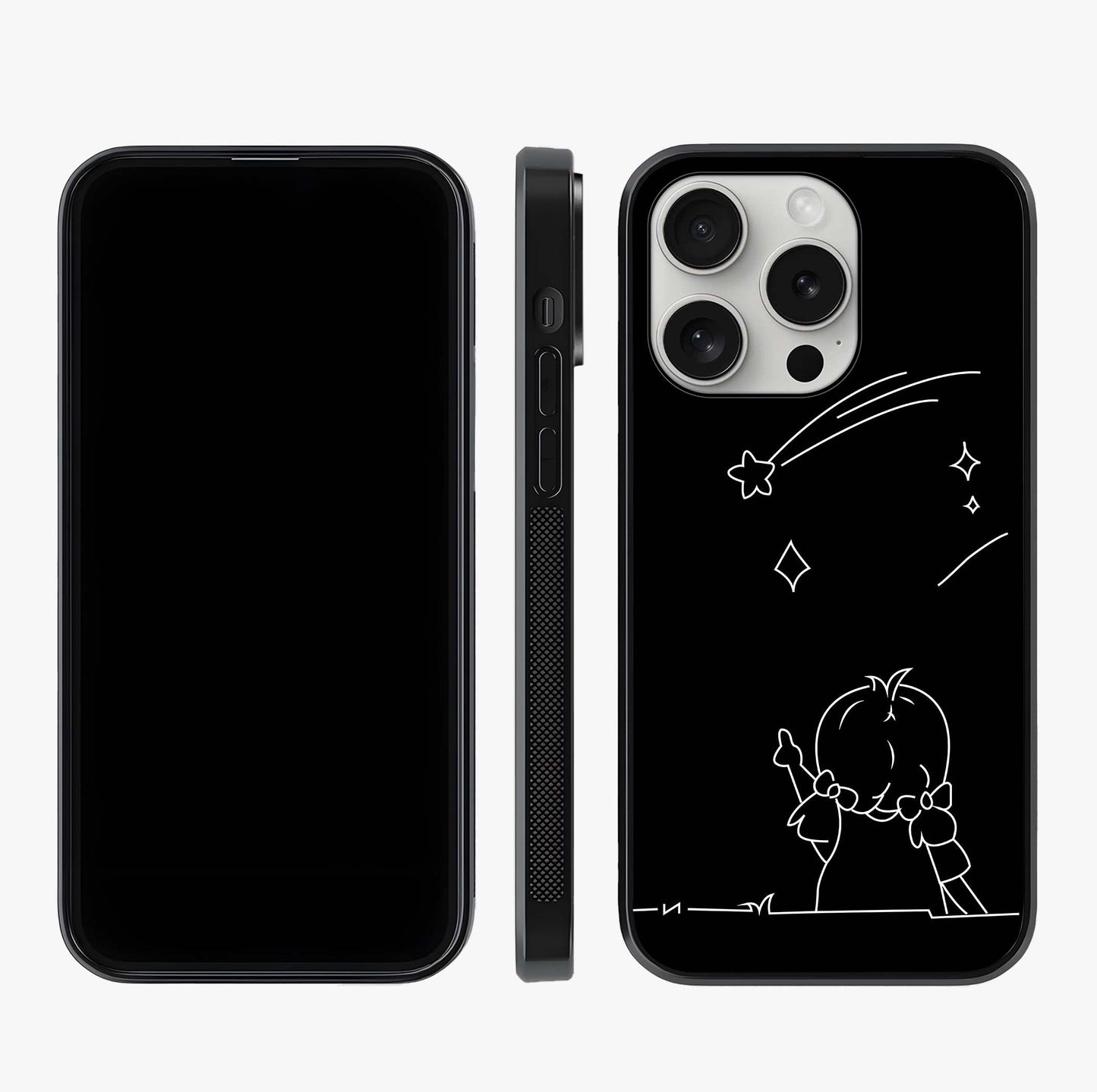 Line Art Girl With Shooting Stars Glass Case displayed upright for full design visibility and premium finish.