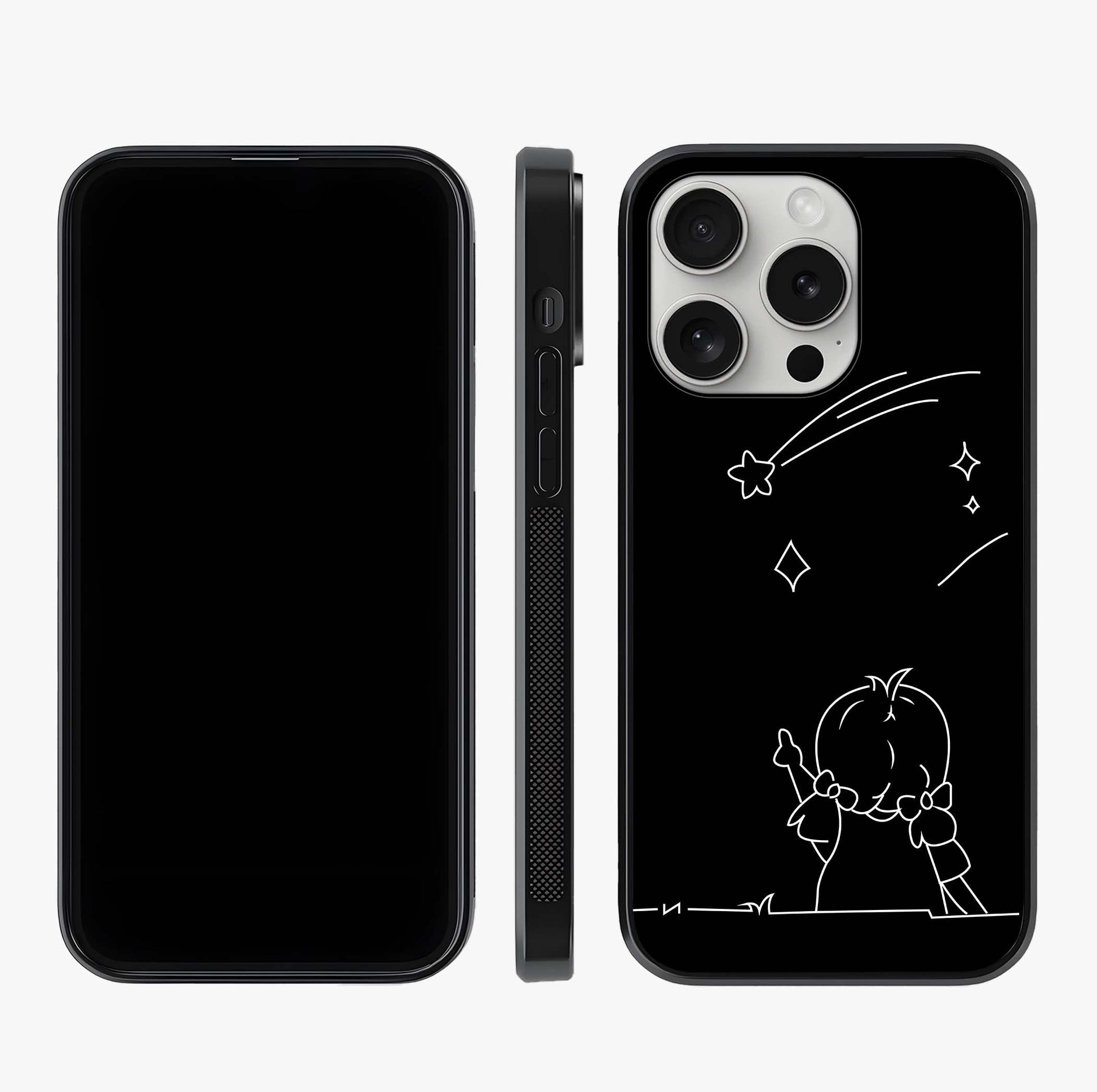 Line Art Girl With Shooting Stars Glass Case displayed upright for full design visibility and premium finish.
