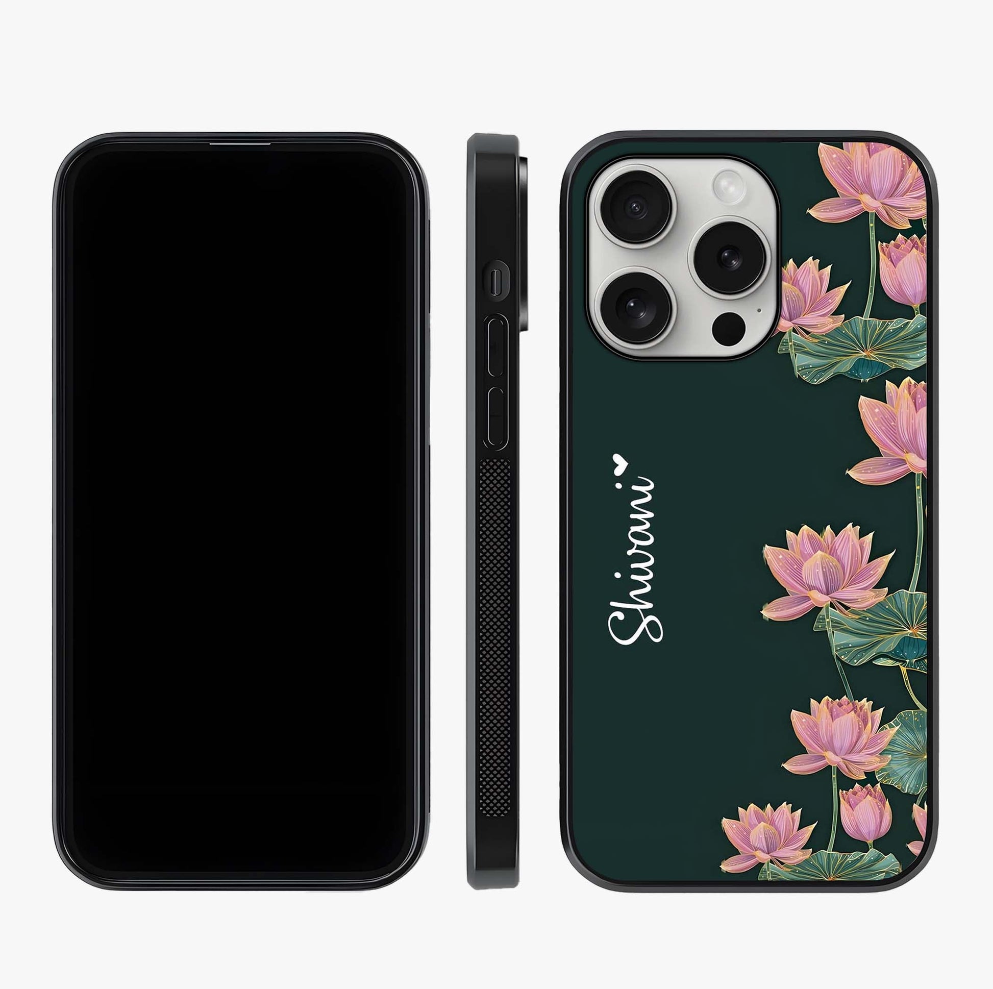 Lotus Bloom Serenity Custom Name Glass Case displayed upright for full design visibility and premium finish.