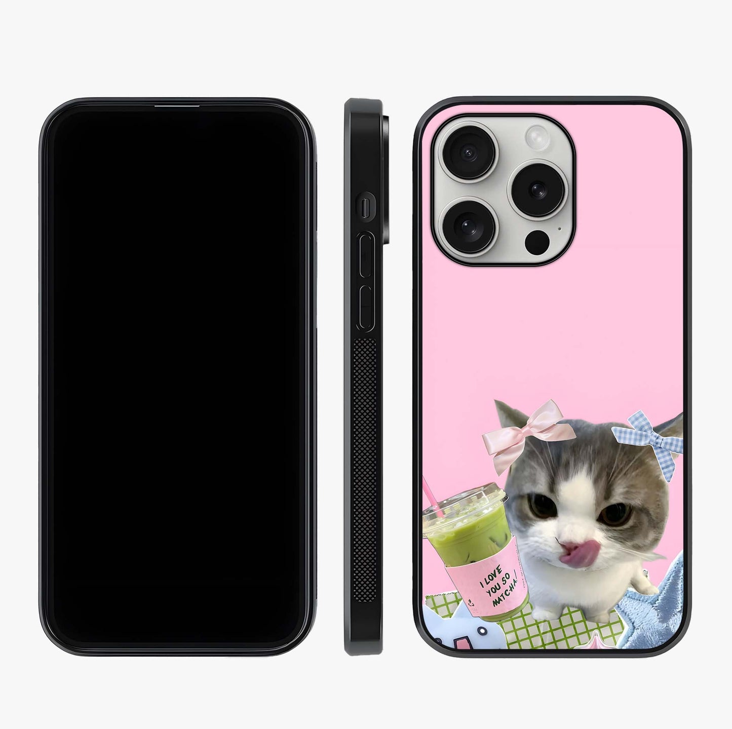 Love Matcha Cat Glass Case displayed upright for full design visibility and premium finish.