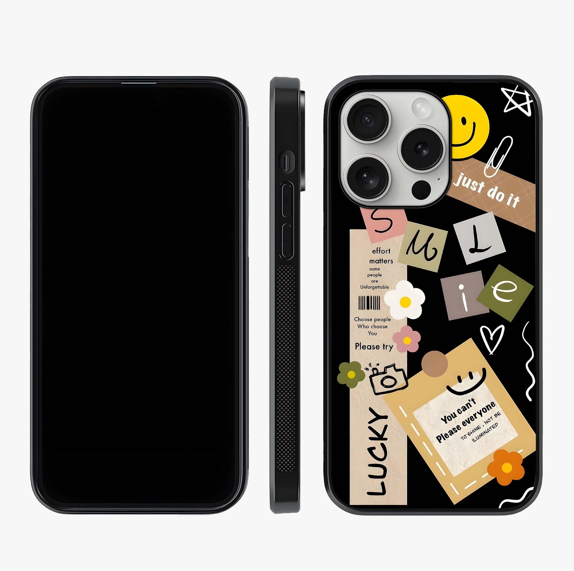 Lucky Aesthetic Collage Glass Case displayed upright for full design visibility and premium finish.