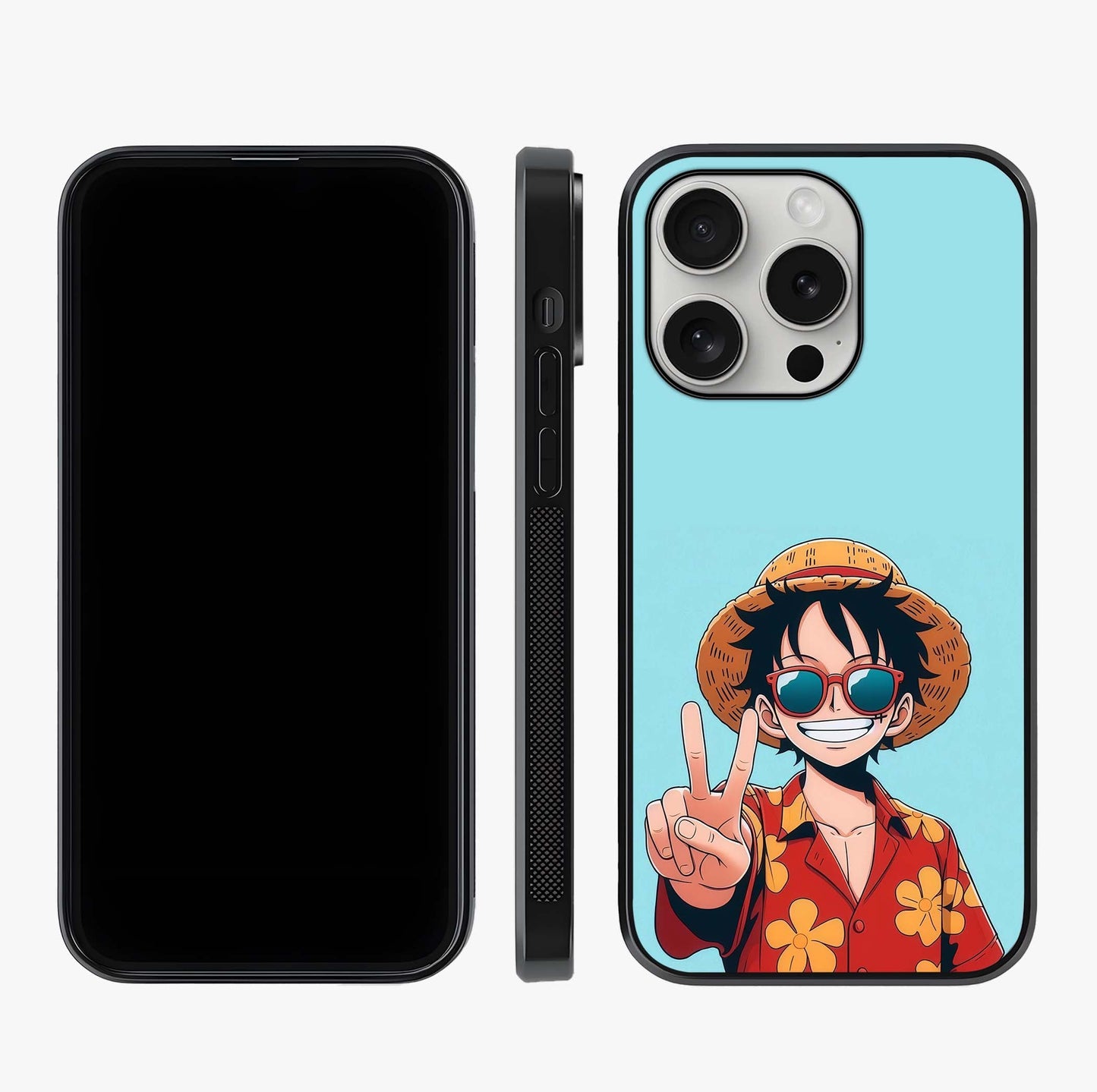 Luffy Summer Anime Vibe Glass Case displayed upright for full design visibility and premium finish.