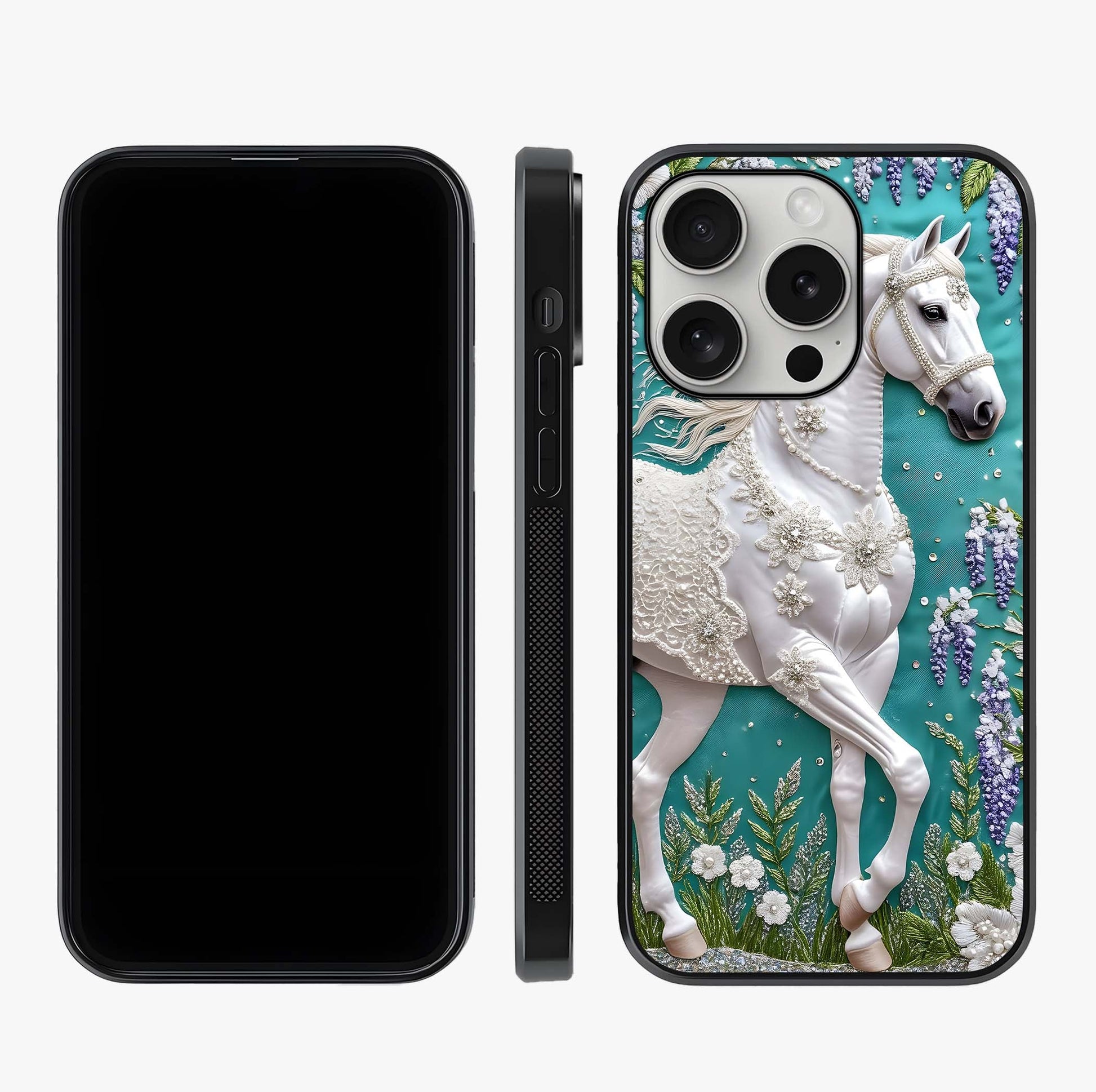 Majestic Floral Stallion Glass Case displayed upright for full design visibility and premium finish.