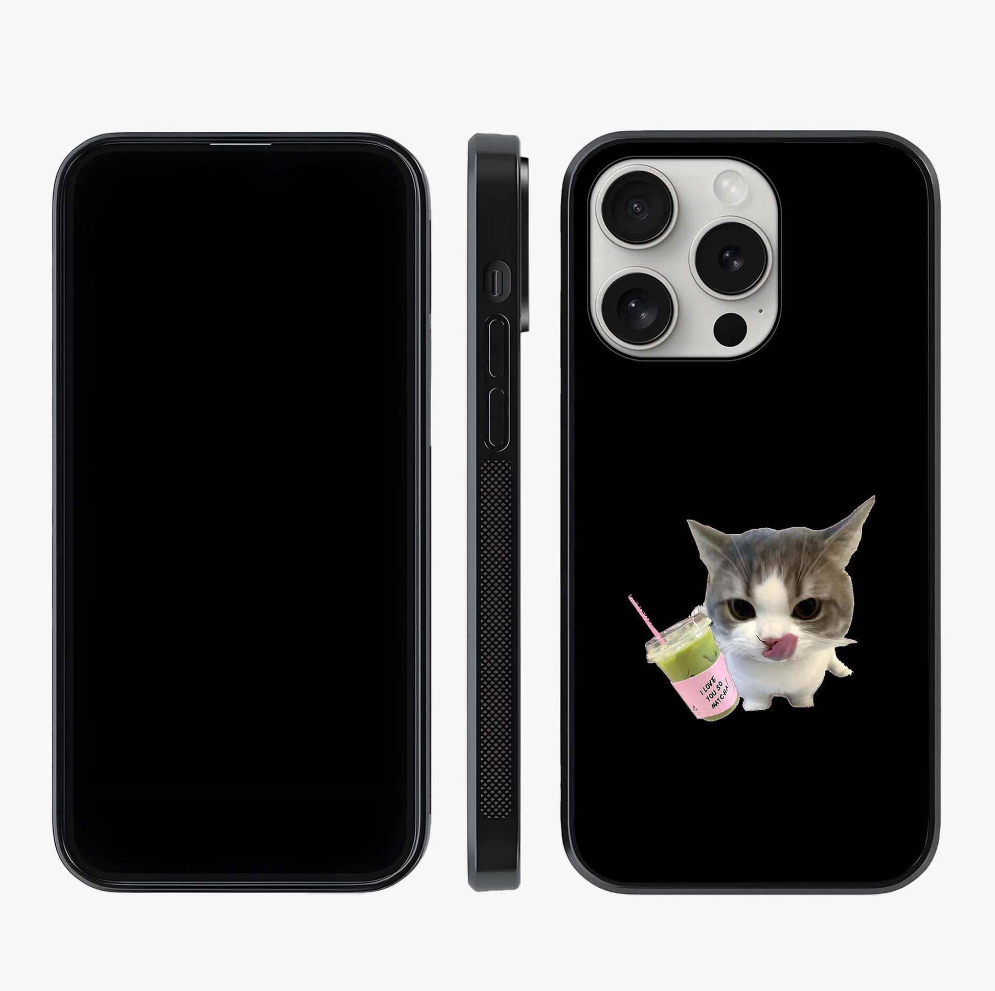 Matcha Cat Style Glass Case displayed upright for full design visibility and premium finish.