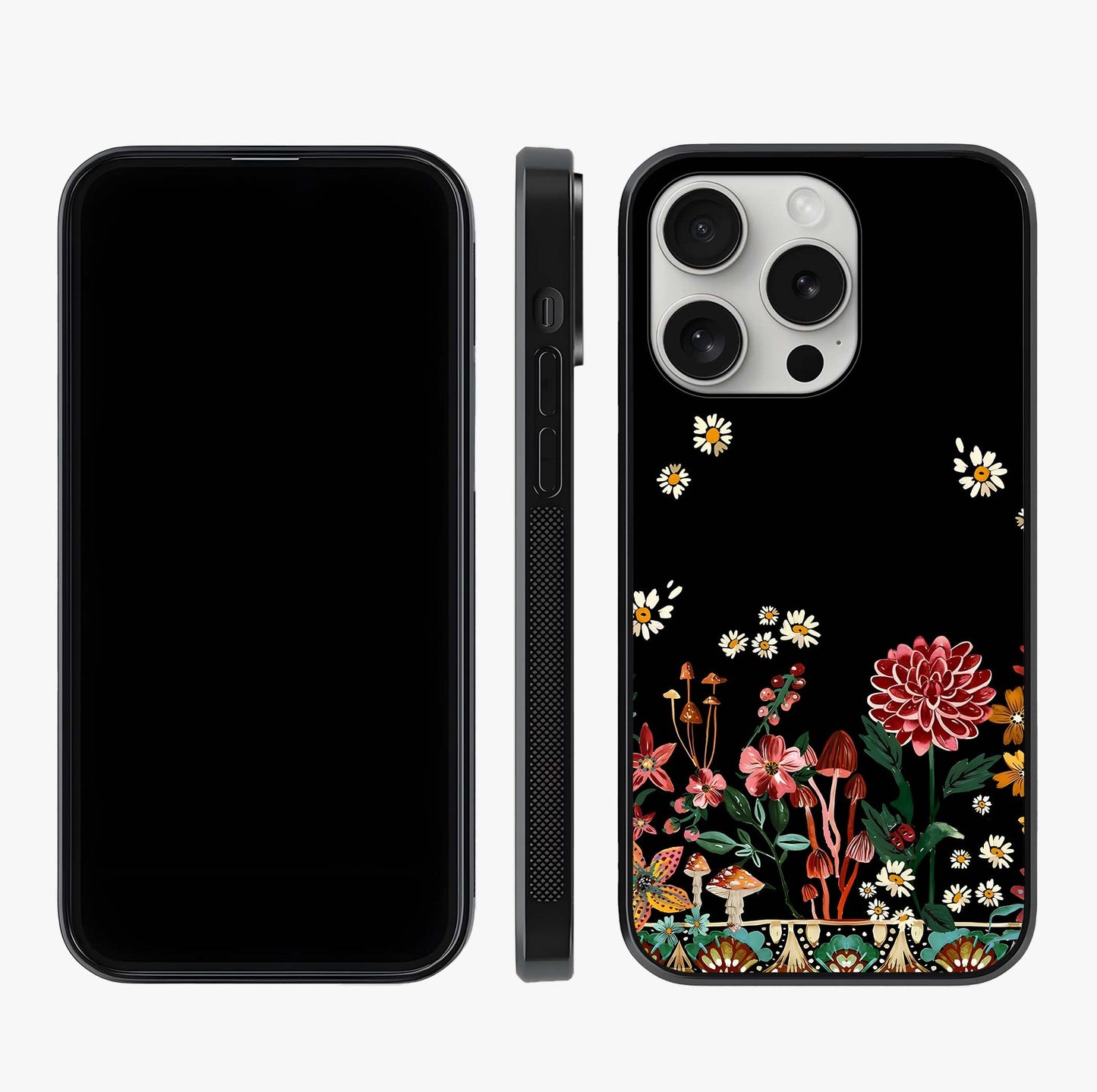 Midnight Bloom Pattern Glass Case displayed upright for full design visibility and premium finish.