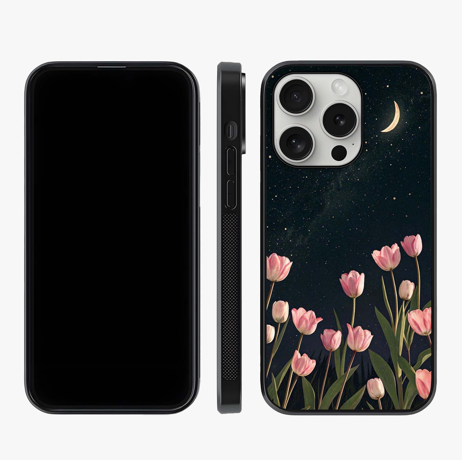 Midnight Tulip Whispers Vibe Glass Case displayed upright for full design visibility and premium finish.