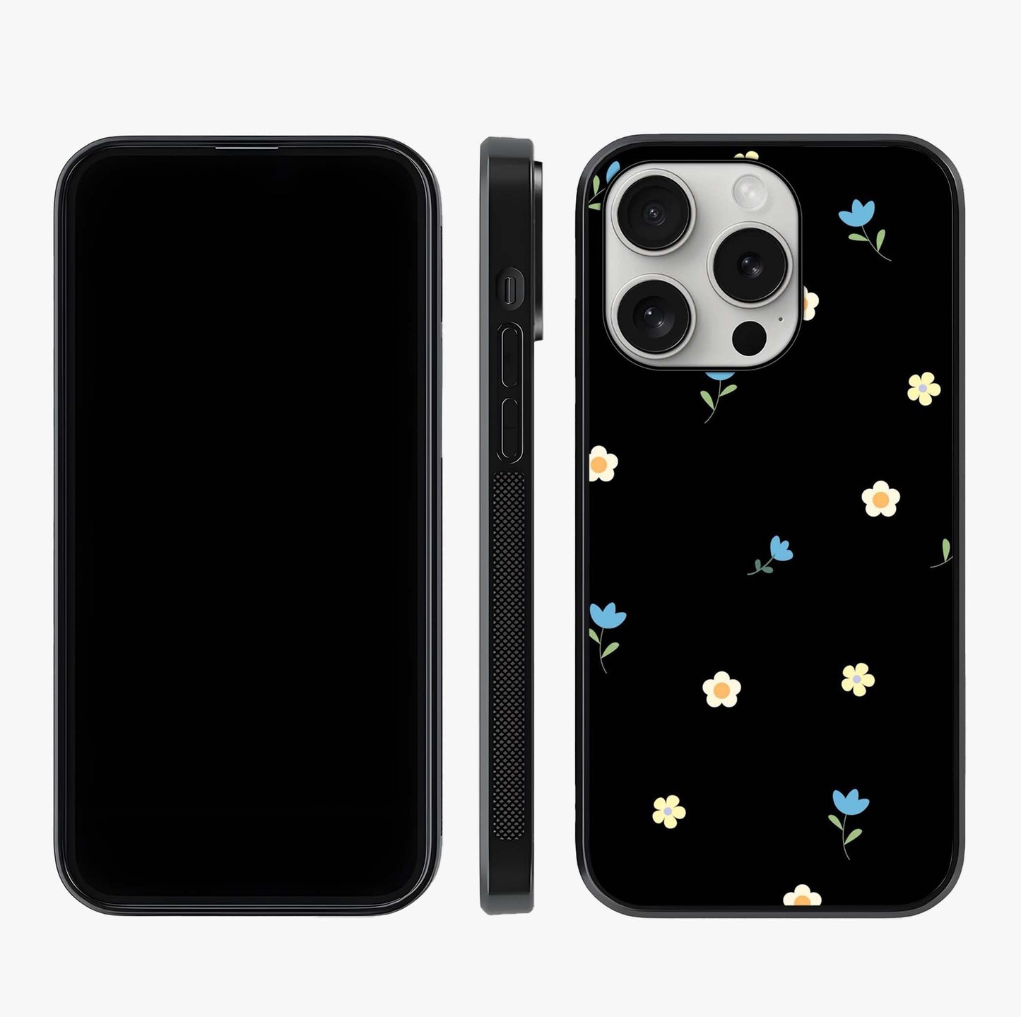 Minimalistic Blue With White Flower Pattern Glass Case displayed upright for full design visibility and premium finish.