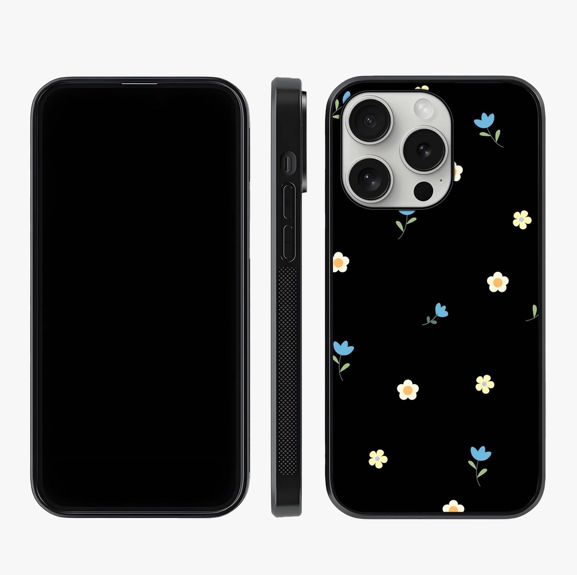 Minimalistic Blue With White Flower Pattern Glass Case displayed upright for full design visibility and premium finish.
