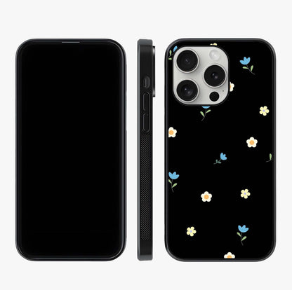 Minimalistic Blue With White Flower Pattern Glass Case displayed upright for full design visibility and premium finish.