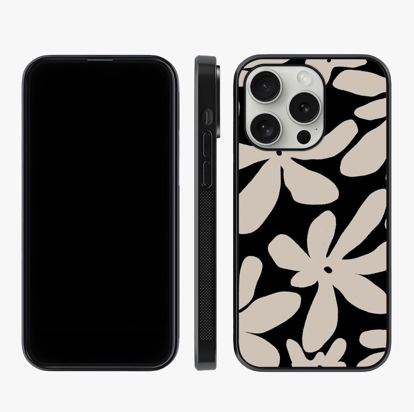 Monochrome Petal Dance Glass Case displayed upright for full design visibility and premium finish.