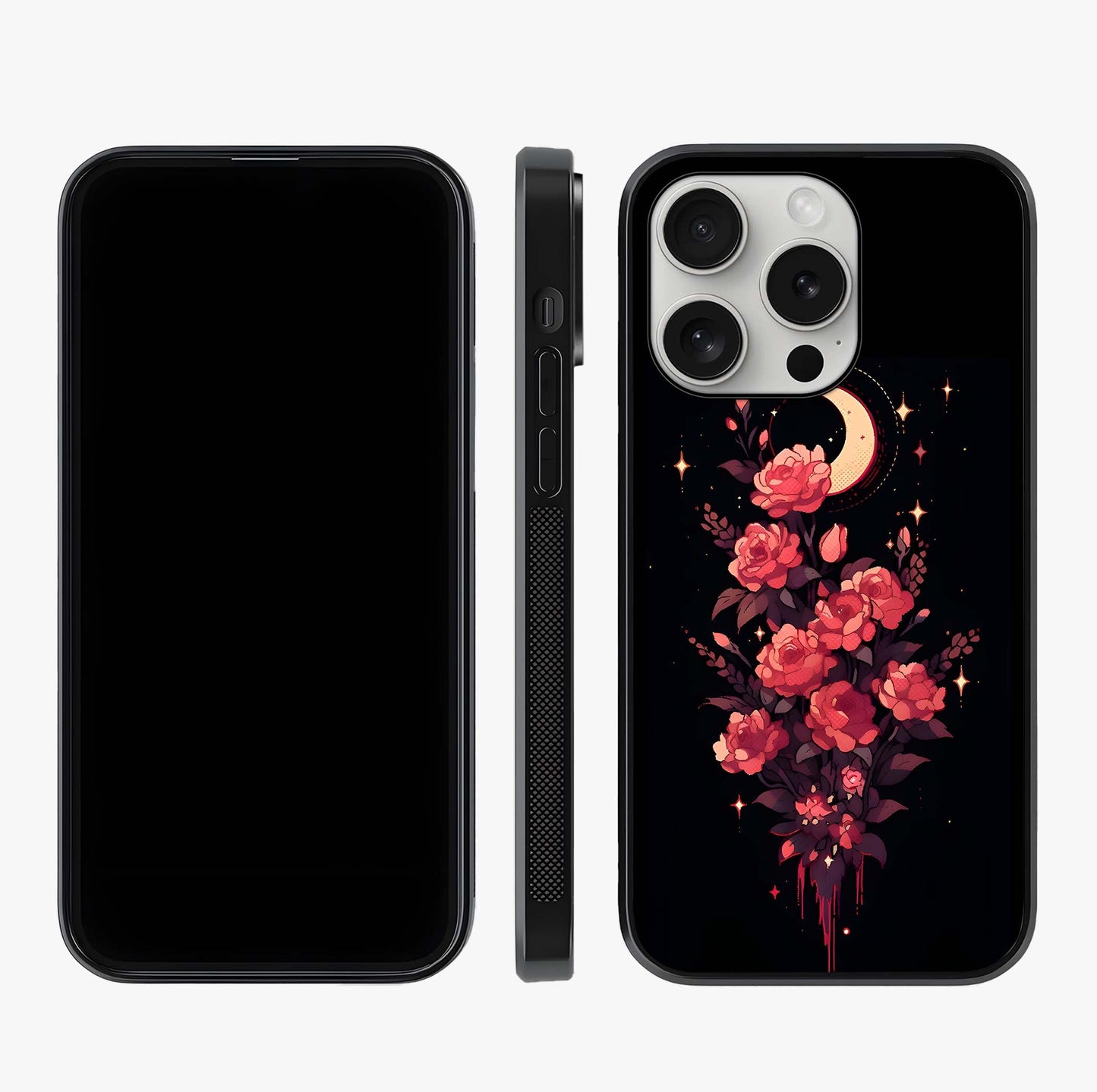 Moonlit Floral Elegance Glass Case displayed upright for full design visibility and premium finish.