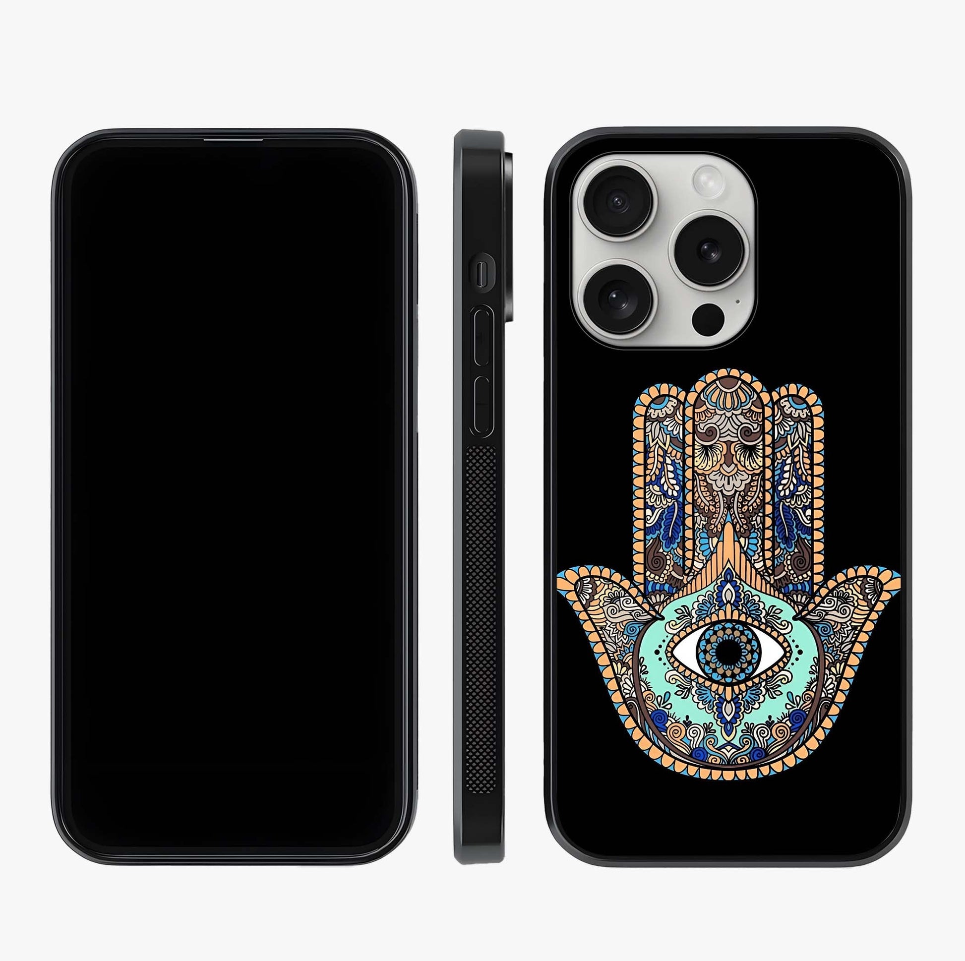 Mystic Hamsa Eye Glass Case displayed upright for full design visibility and premium finish.