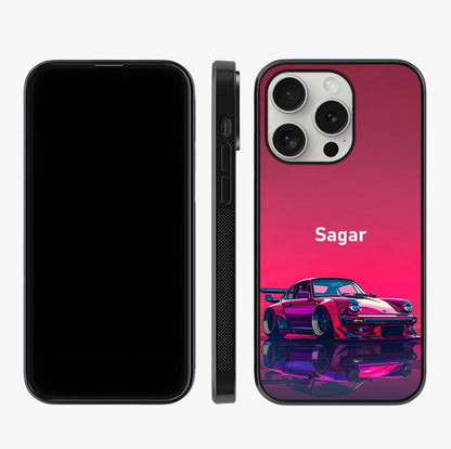 Neon Pink Porsche Glass Case displayed upright for full design visibility and premium finish.