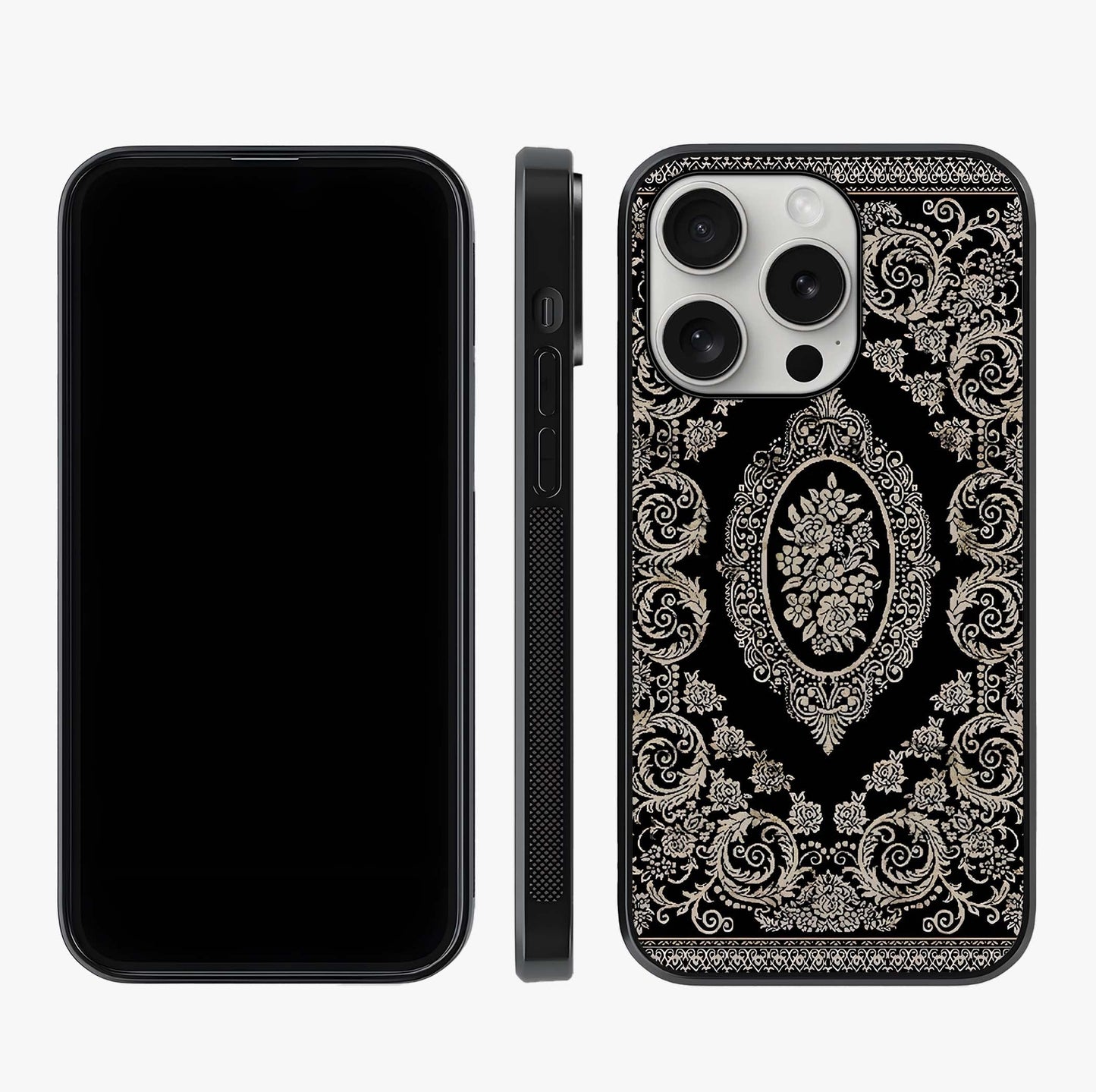 Noir Bloom Elegance Glass Case displayed upright for full design visibility and premium finish.