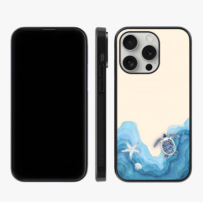 Ocean Drift Turtle Glass Case displayed upright for full design visibility and premium finish.