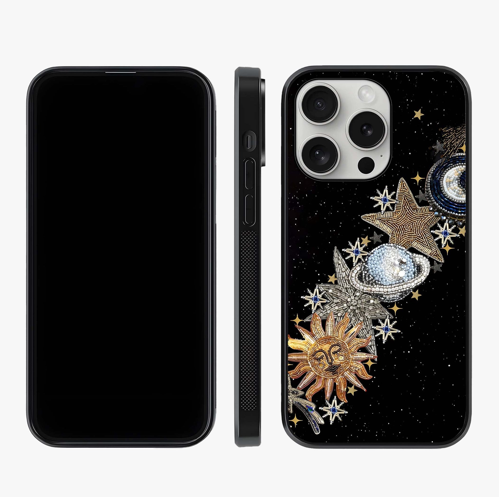 Pearls Universe Object Glass Case displayed upright for full design visibility and premium finish.