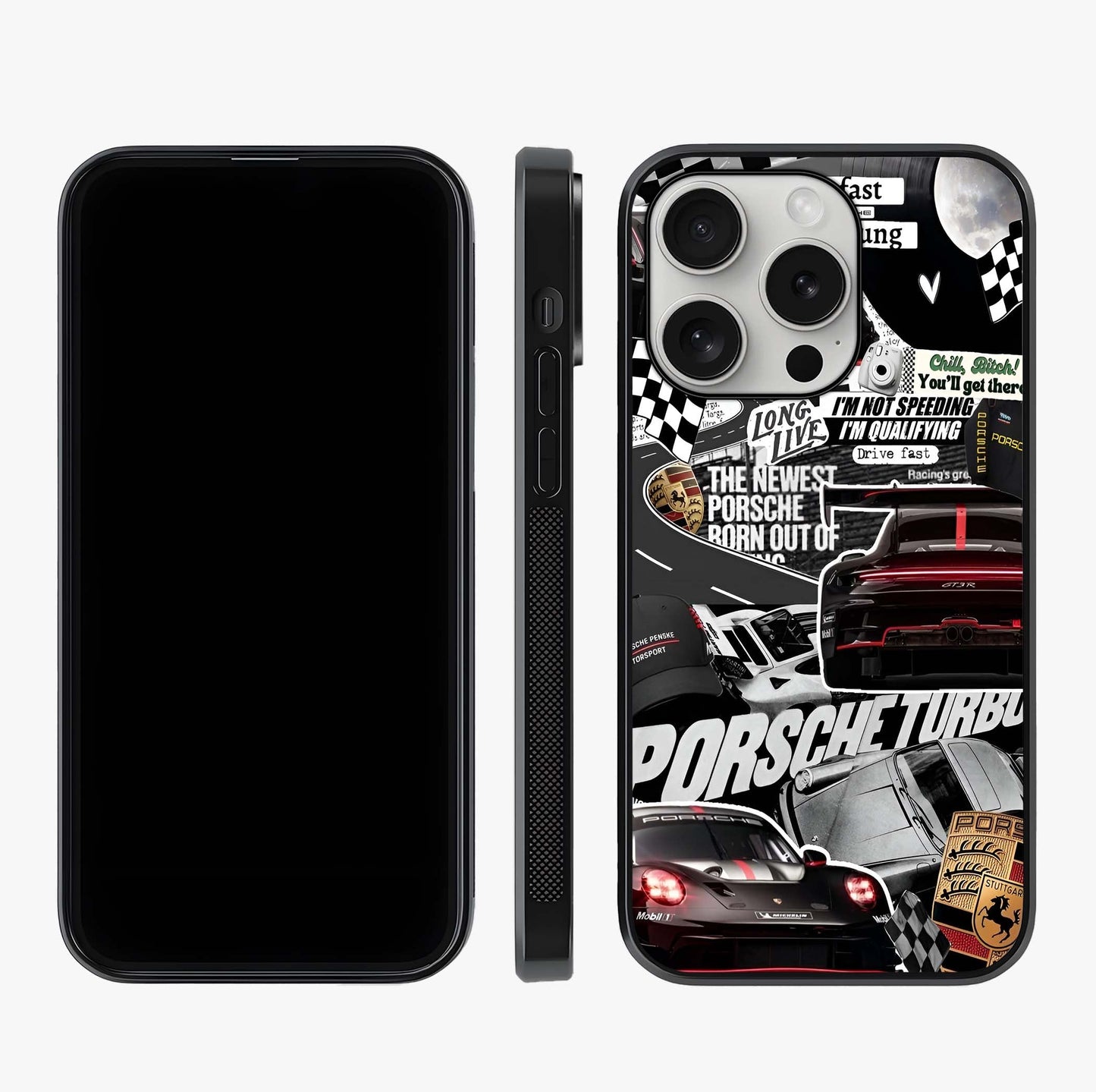 Porsche Racing Collage Glass Case displayed upright for full design visibility and premium finish.