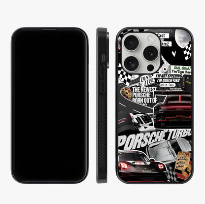 Porsche Racing Collage Glass Case displayed upright for full design visibility and premium finish.
