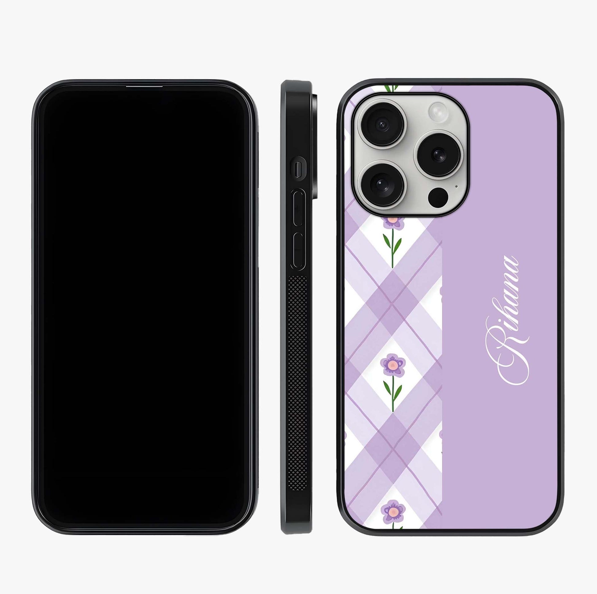 Purple Diamond Floral Glass Case displayed upright for full design visibility and premium finish.
