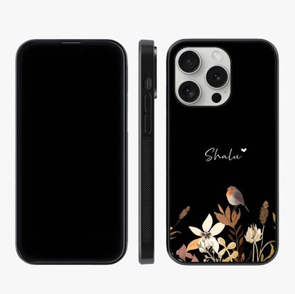 Quiet Garden Tune Custom Name Glass Case displayed upright for full design visibility and premium finish.