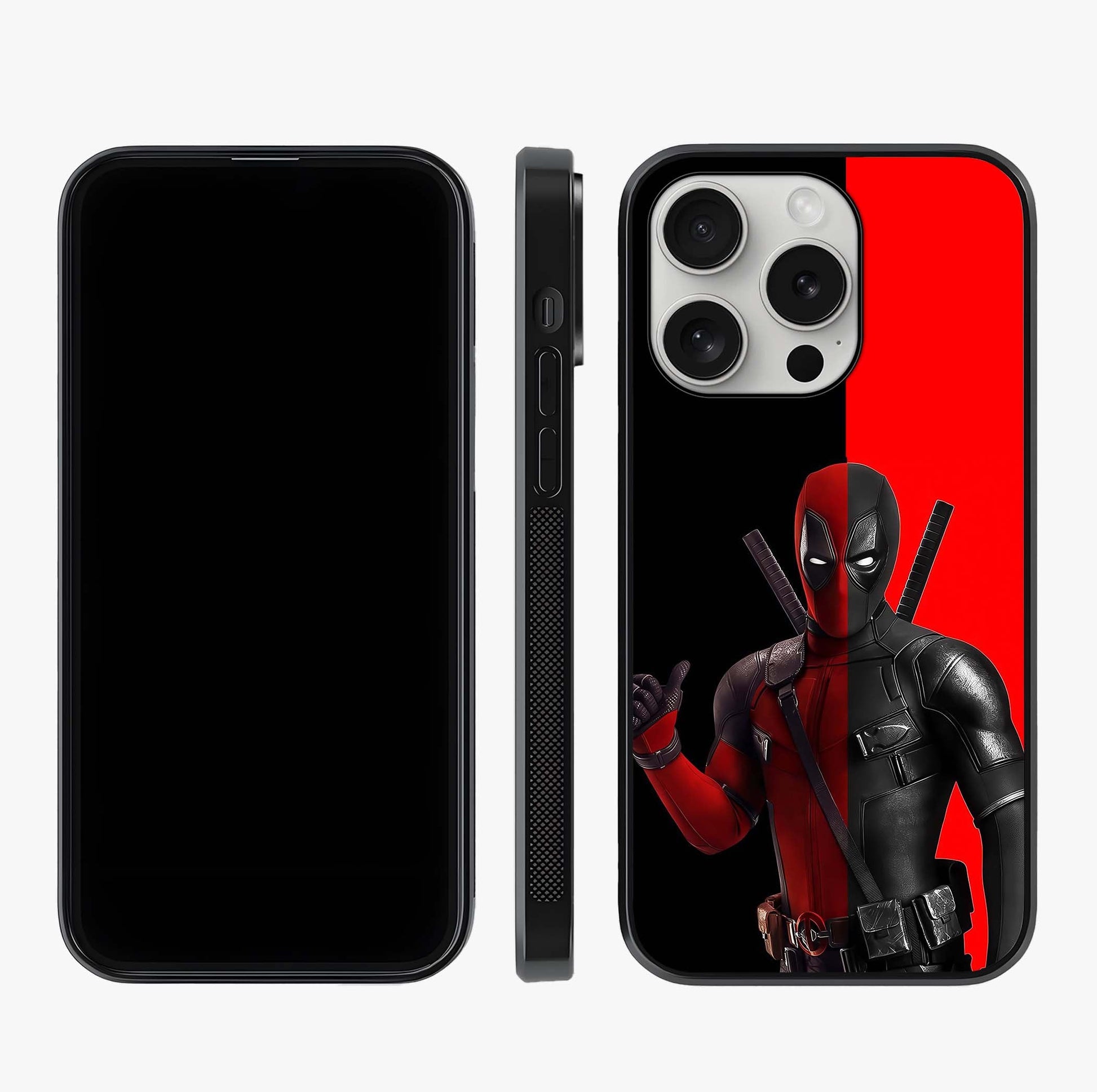 Red & Black Deadpool Theme Glass Case displayed upright for full design visibility and premium finish.