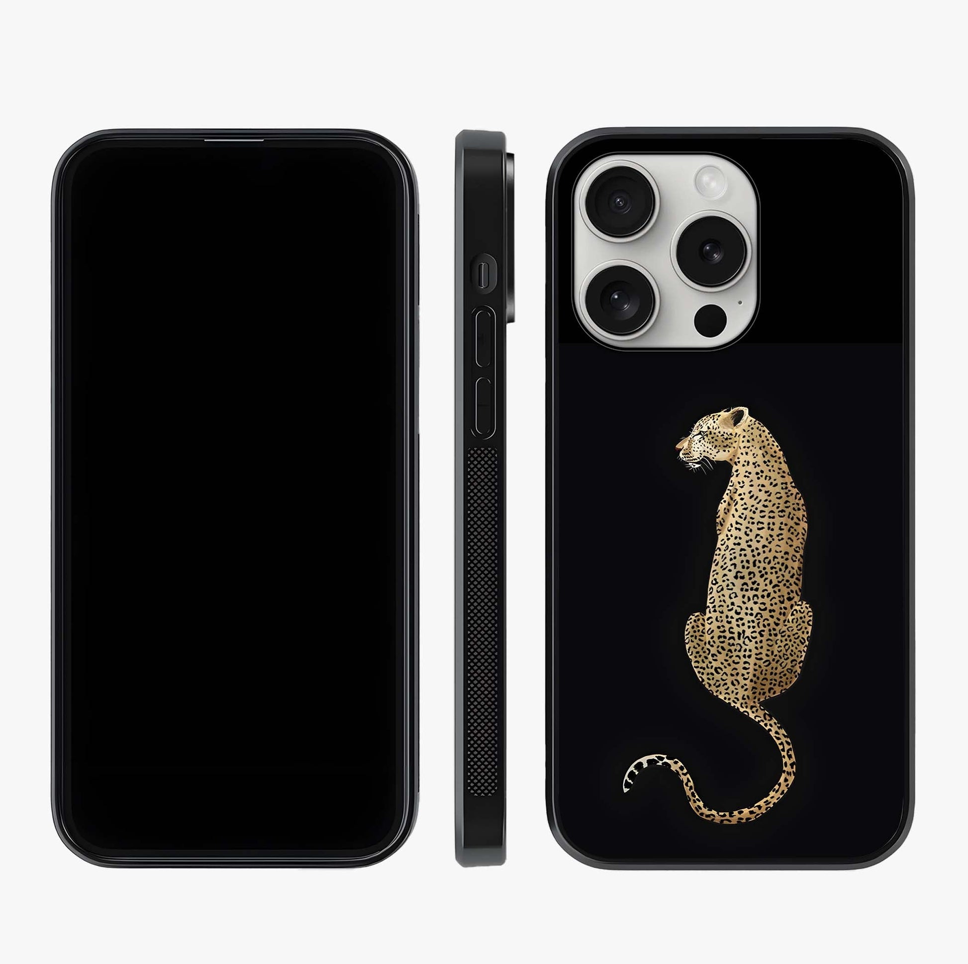 Regal Leopard Glass Case displayed upright for full design visibility and premium finish.