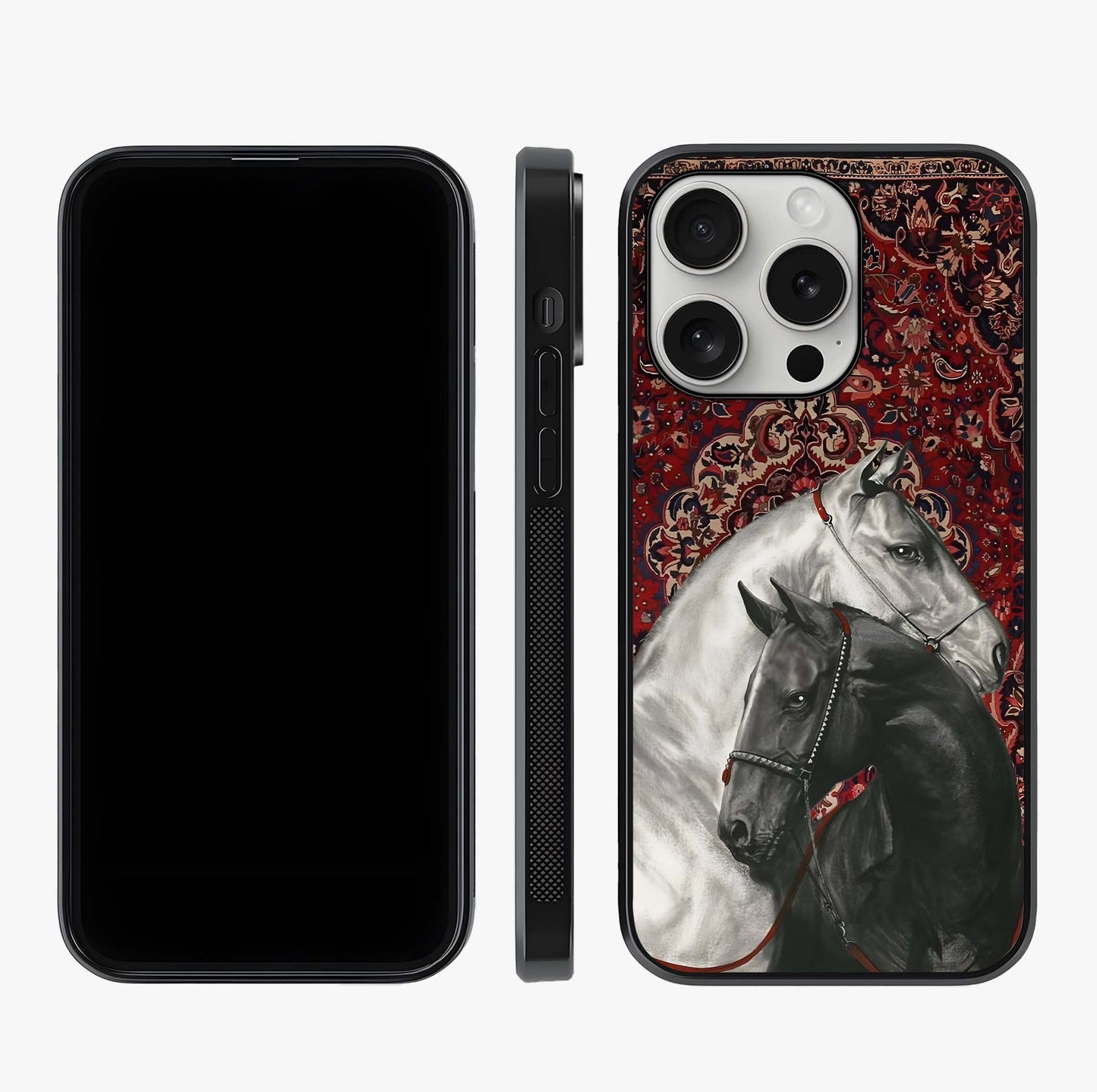 Regal Stallion Tapestry Glass Case displayed upright for full design visibility and premium finish.