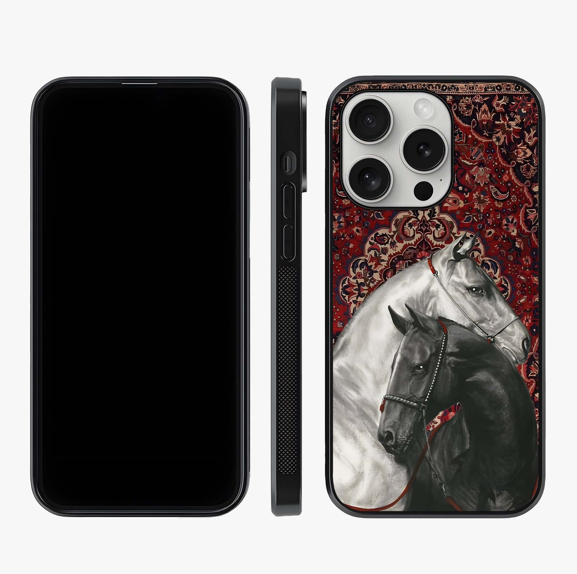 Regal Stallion Tapestry Glass Case displayed upright for full design visibility and premium finish.