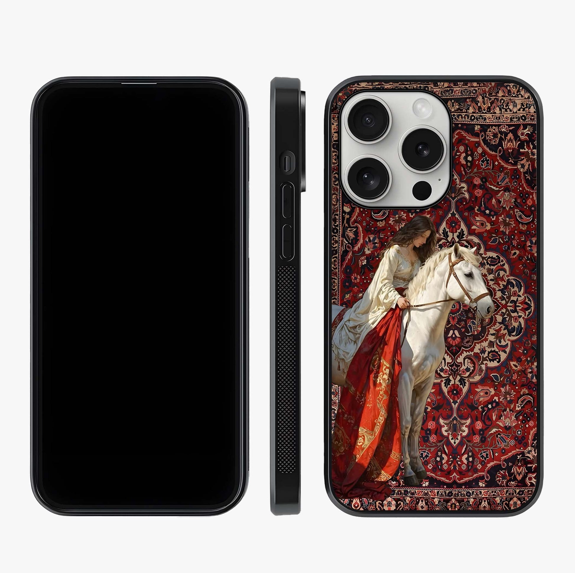 Royal Rider Tapestry Glass Case displayed upright for full design visibility and premium finish.
