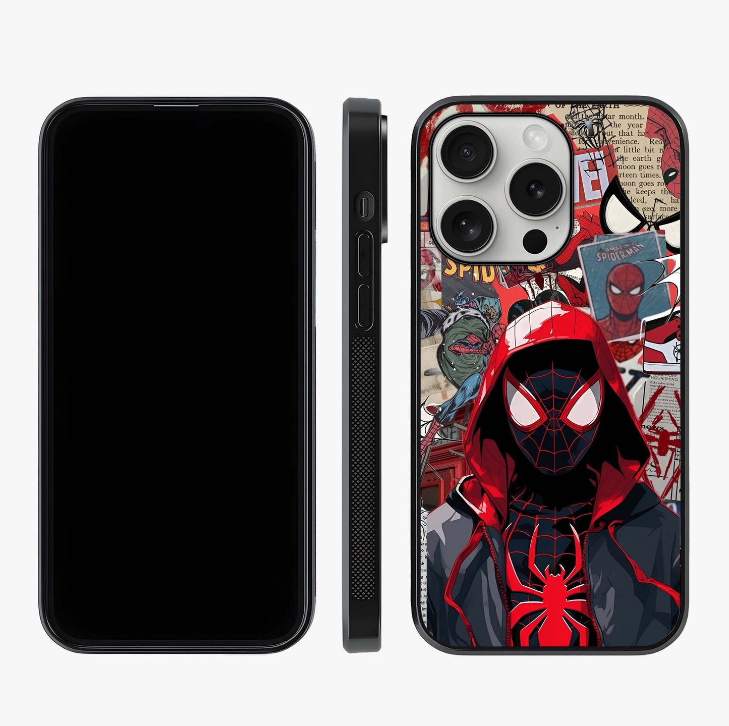 Spider Collage Street Glass Case displayed upright for full design visibility and premium finish.