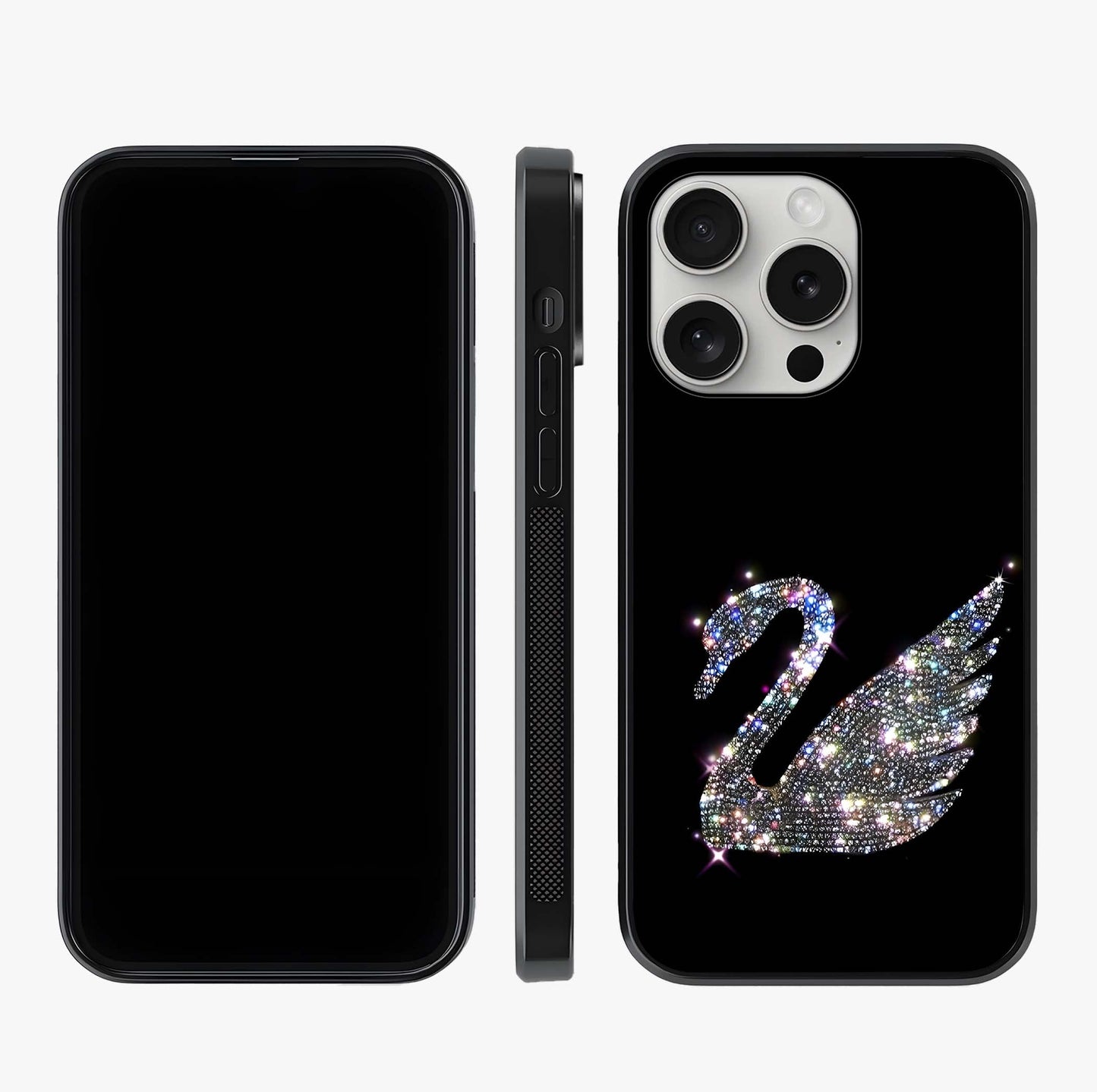 Starlit Swan Grace Glass Case displayed upright for full design visibility and premium finish.