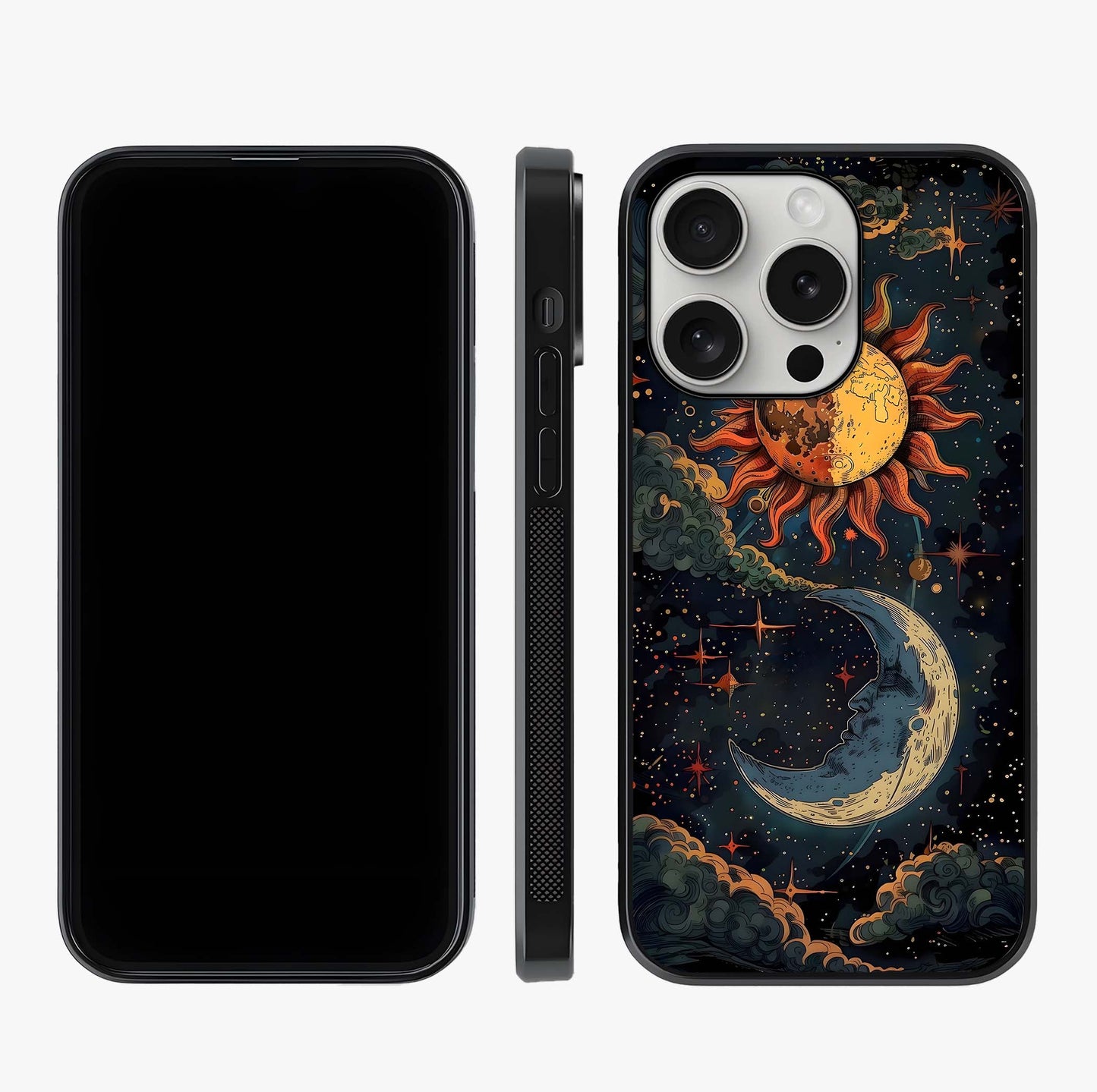 Sun And Moon Magic Design Glass Case displayed upright for full design visibility and premium finish.