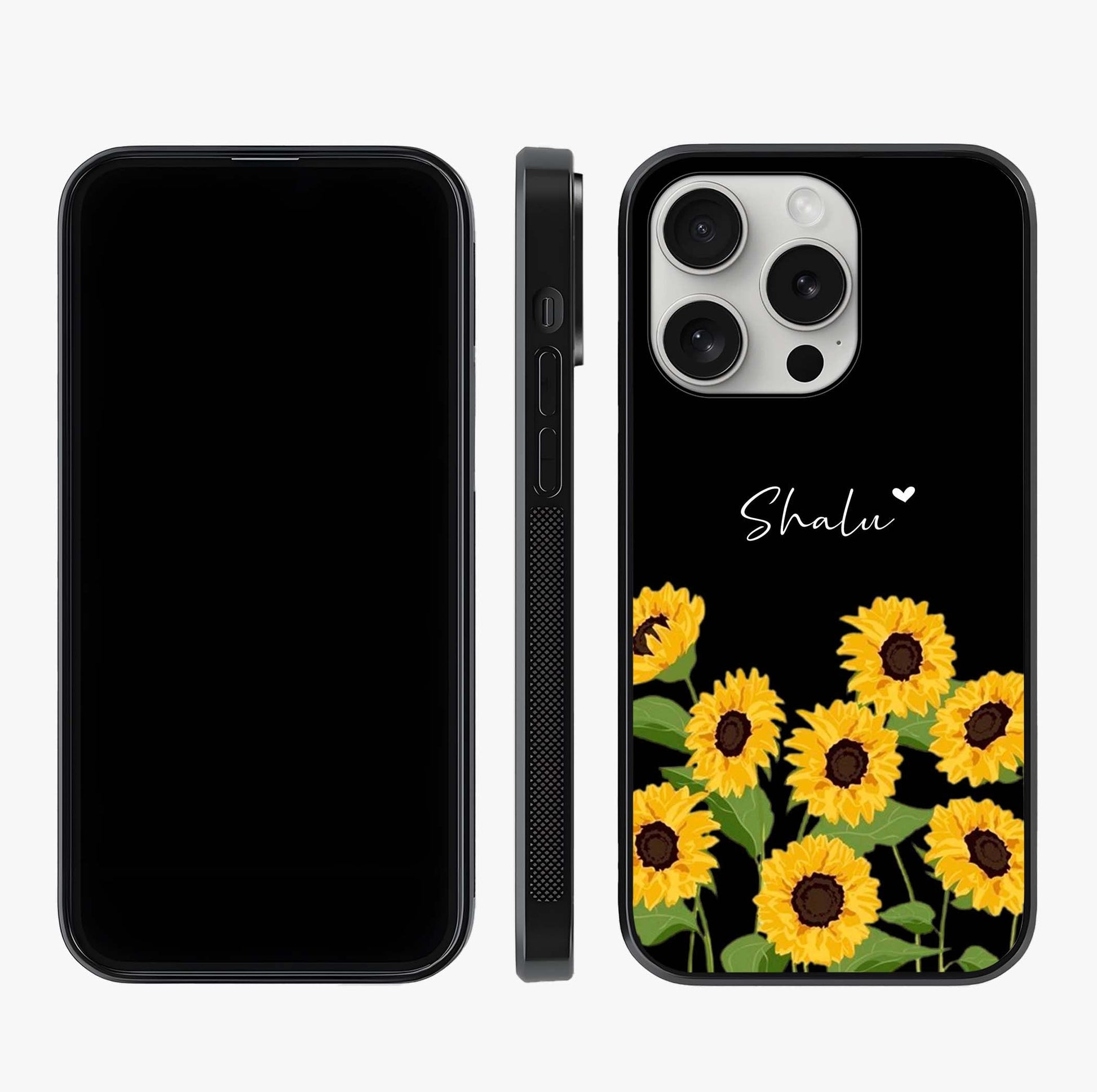Sunflower Chic Mood Custom Name Glass Case displayed upright for full design visibility and premium finish.